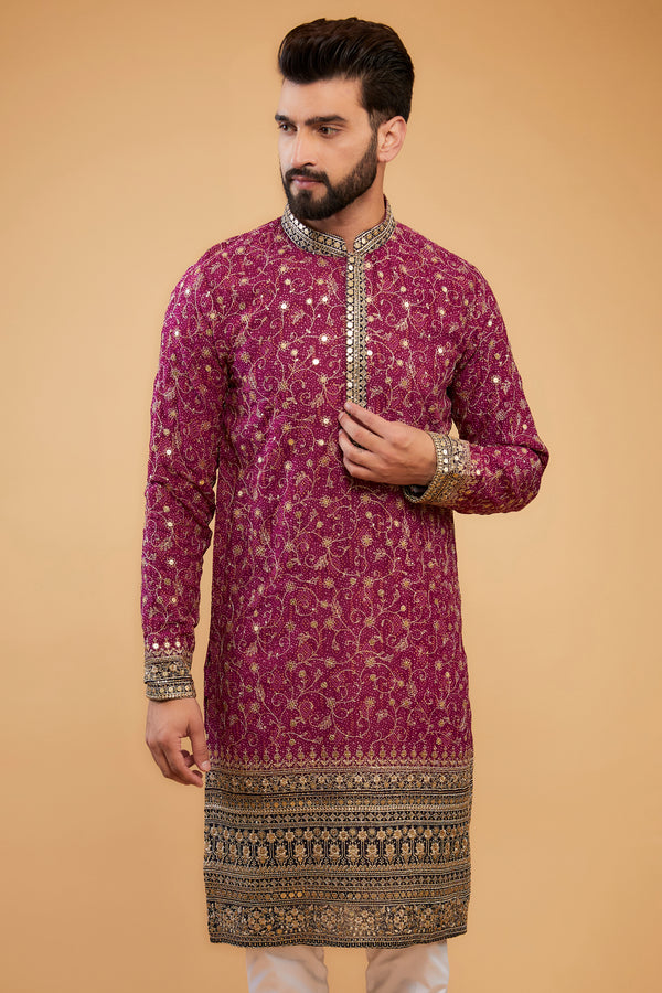 Our exclusive zari-work kurta with intricate neckline and borders - kasbahmen