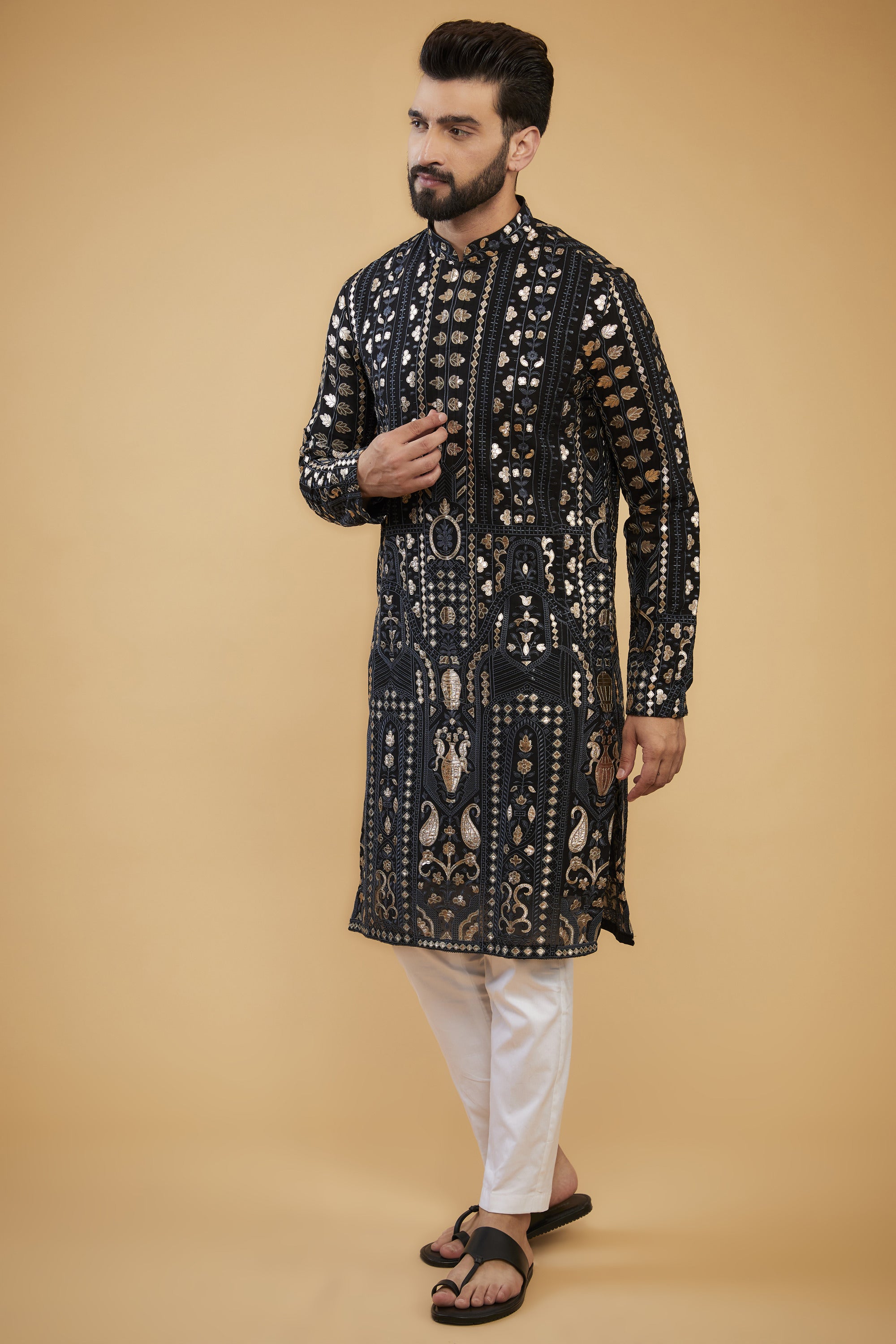 Black leather patchwork kurta with grey threadwork. - kasbahmen