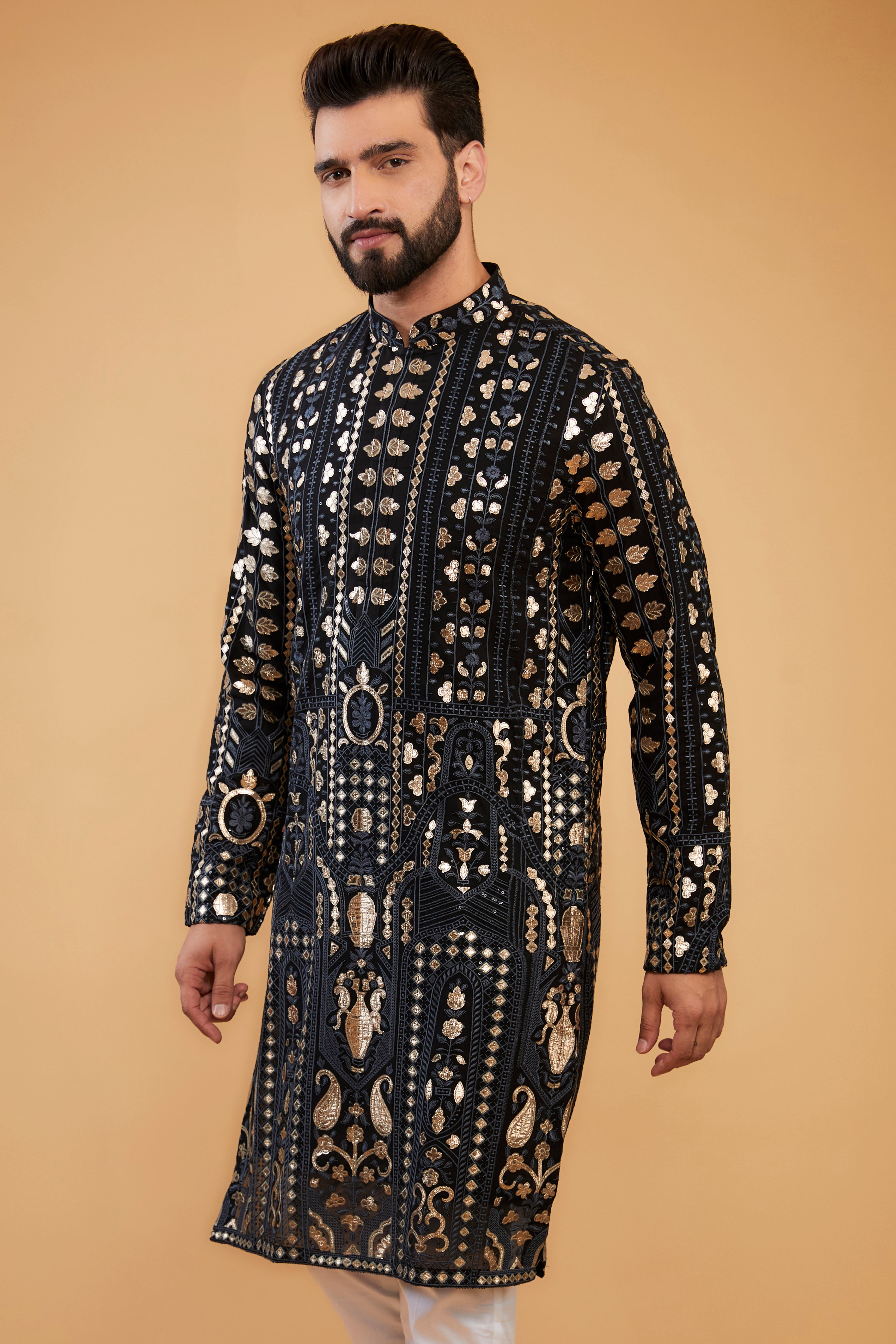 Black leather patchwork kurta with grey threadwork. - kasbahmen