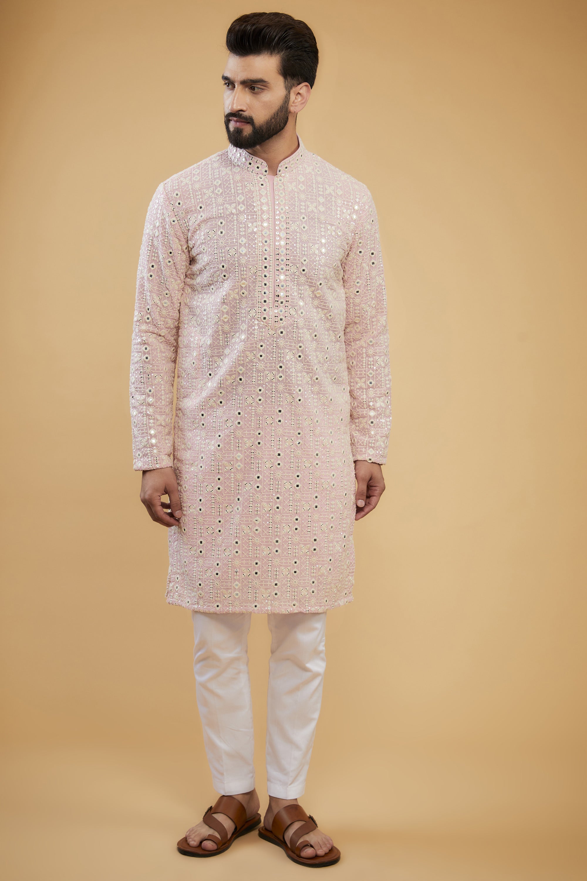 Pink mirror-work kurta with intricate neckline - kasbahmen