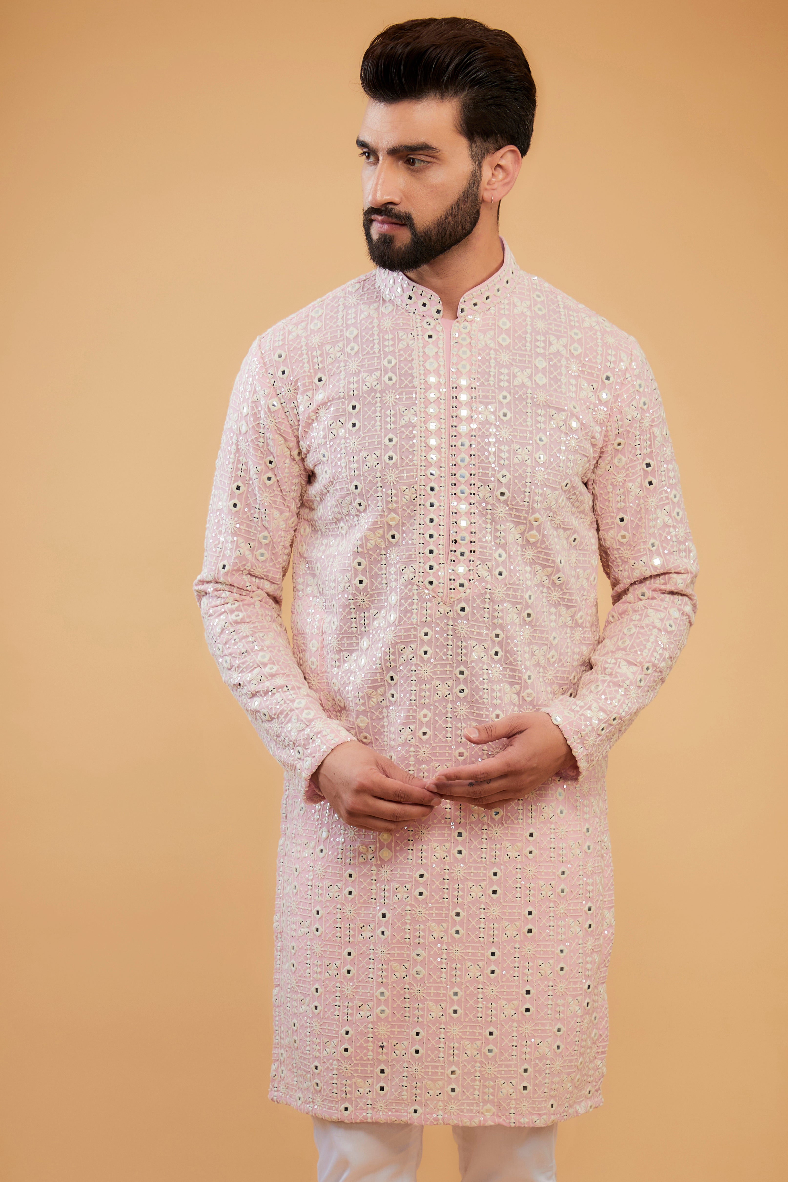 Pink mirror-work kurta with intricate neckline - kasbahmen