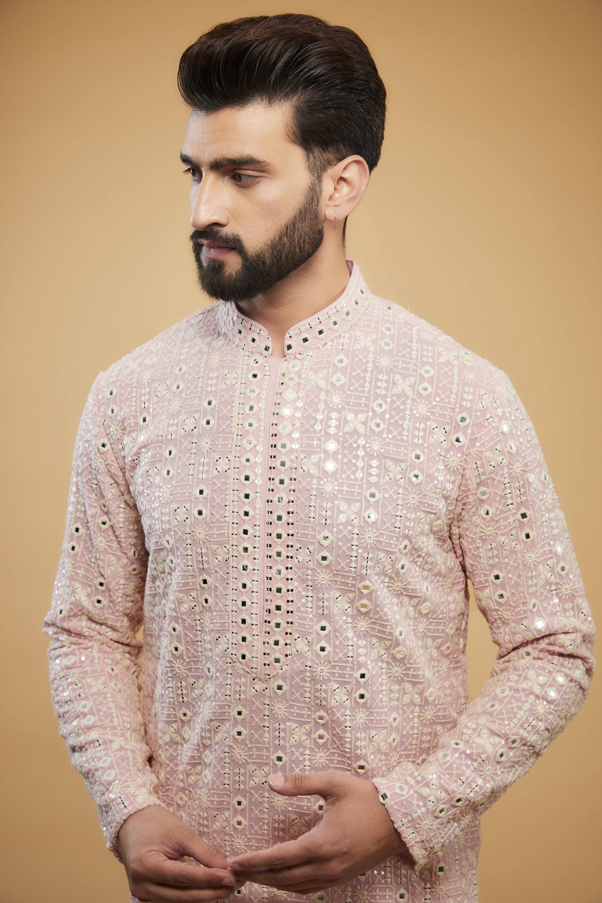 Pink mirror-work kurta with intricate neckline - kasbahmen