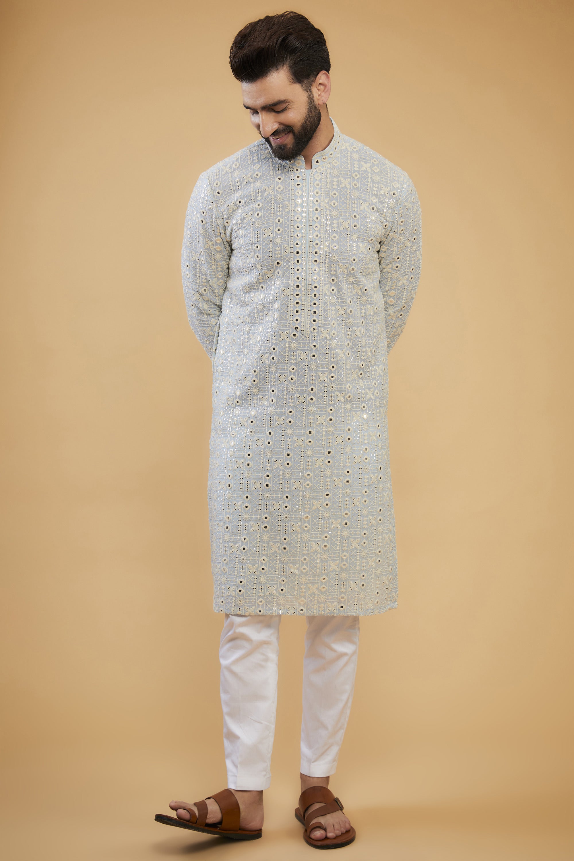 Powder Blue mirror-work kurta with intricate neckline - kasbahmen