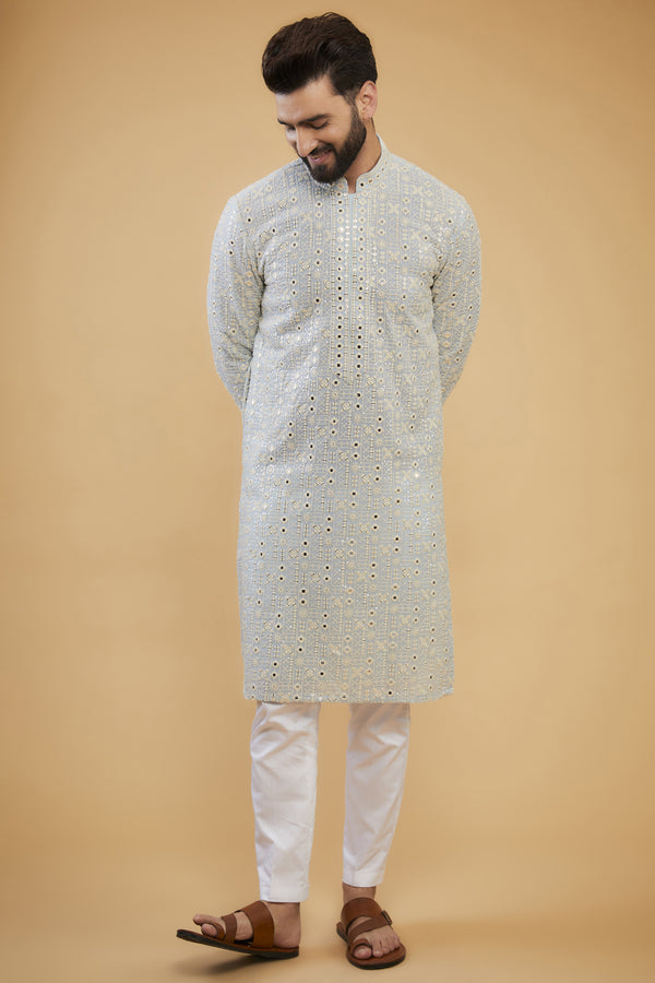 Powder Blue mirror-work kurta with intricate neckline