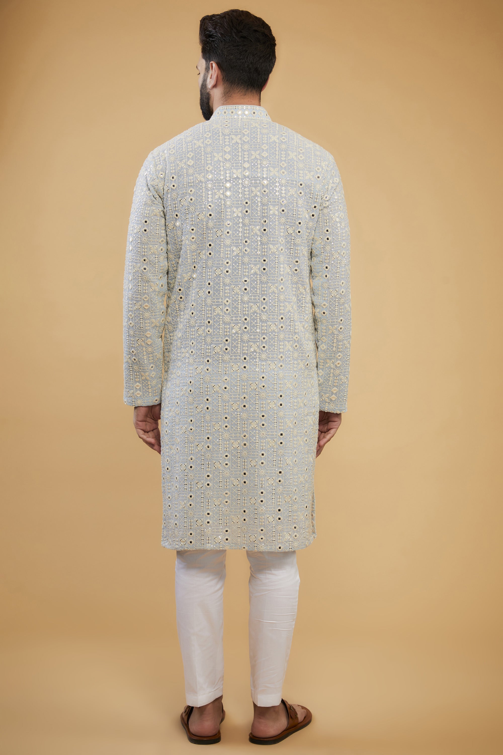 Powder Blue mirror-work kurta with intricate neckline - kasbahmen