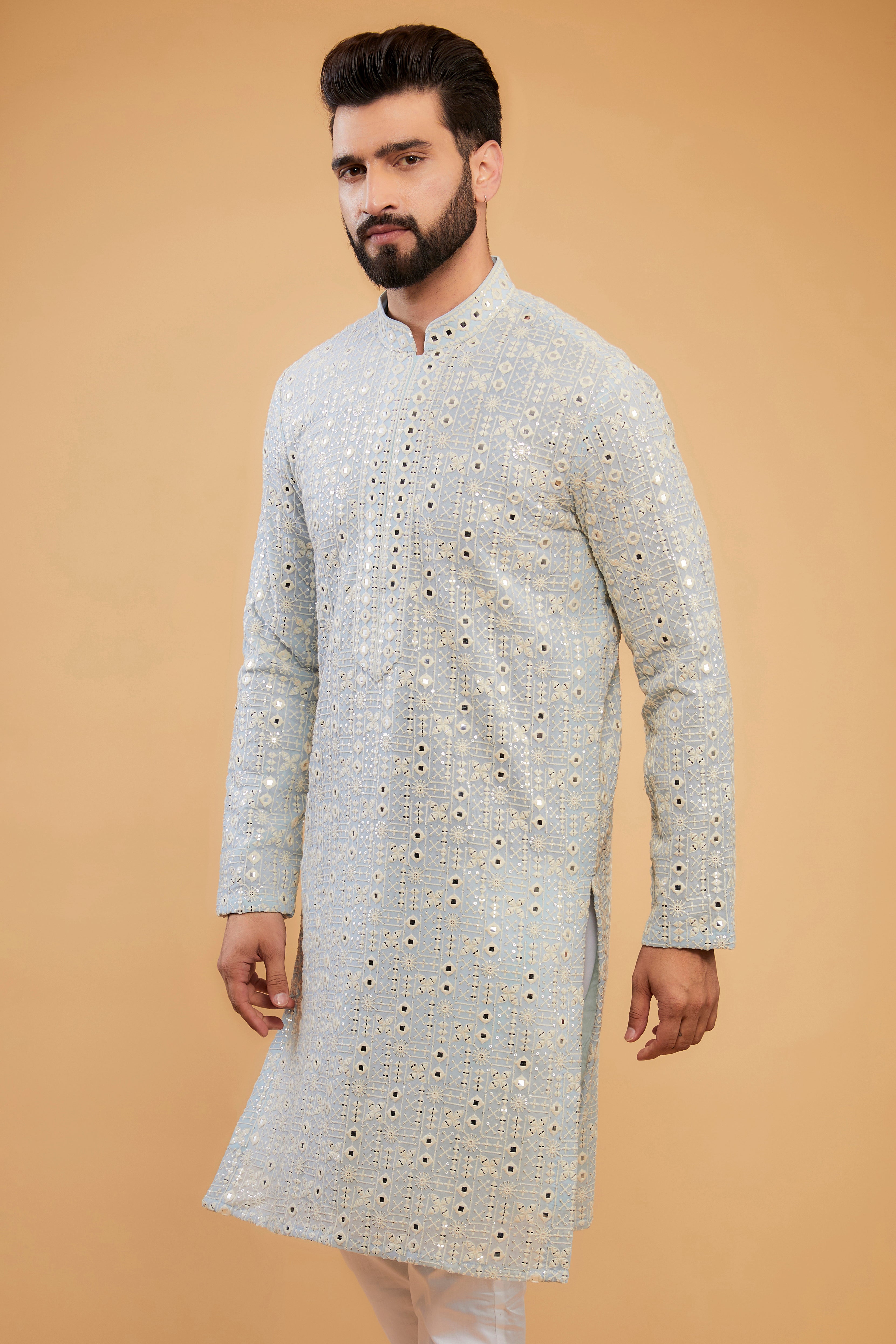 Powder Blue mirror-work kurta with intricate neckline - kasbahmen