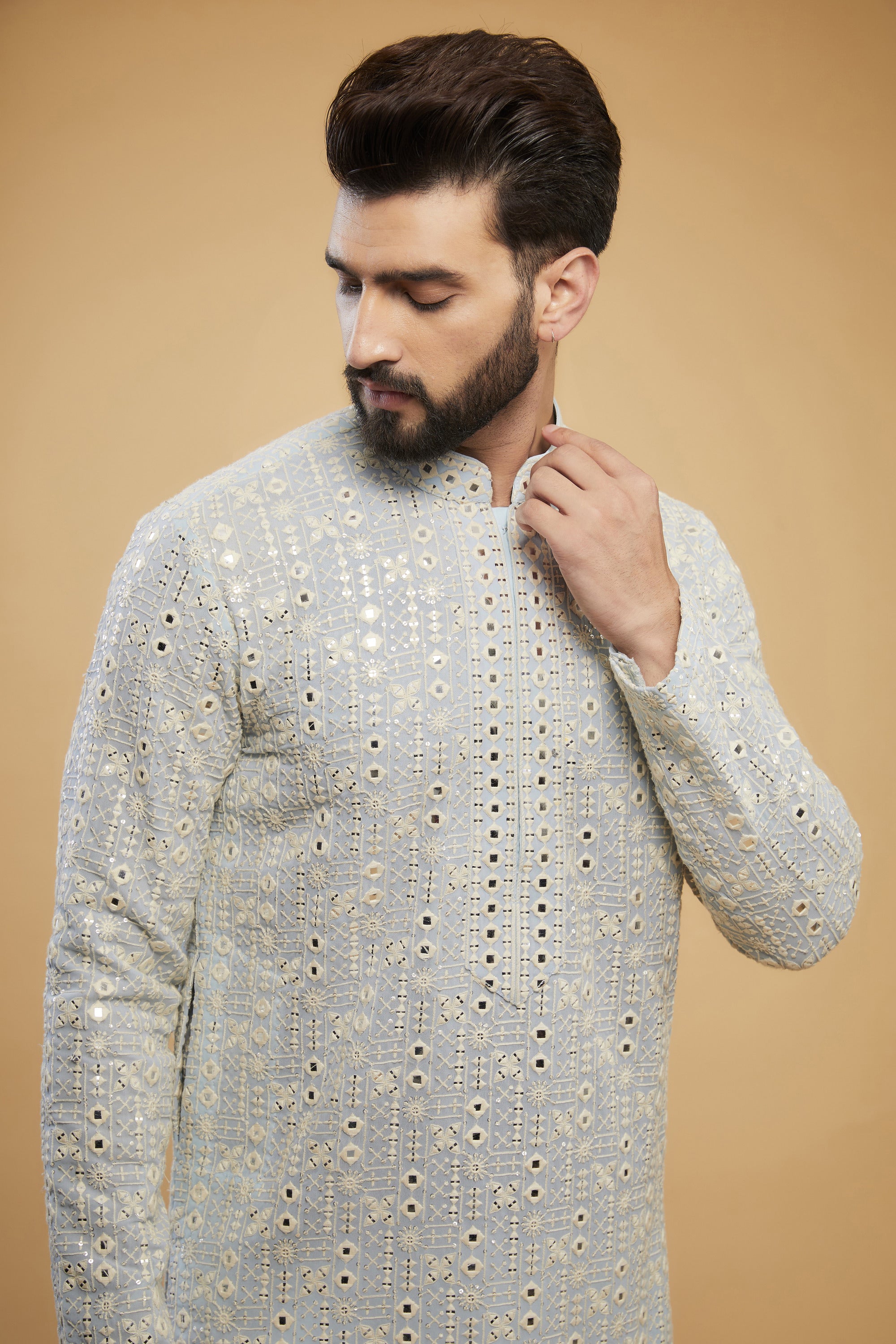 Powder Blue mirror-work kurta with intricate neckline - kasbahmen