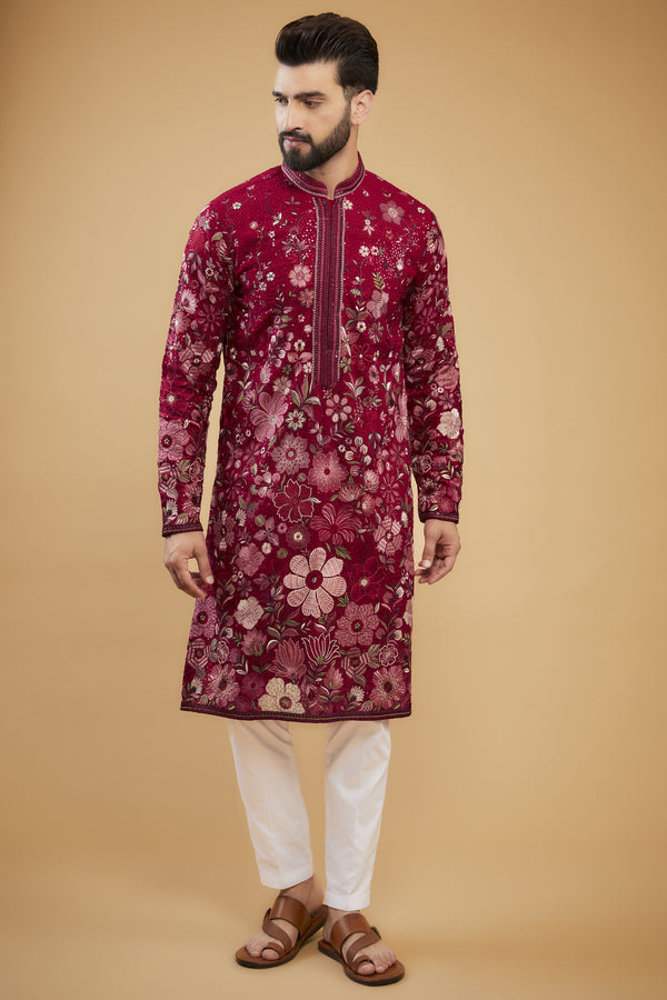 Hot Pink chikankari kurta with intricate neckline - kasbahmen