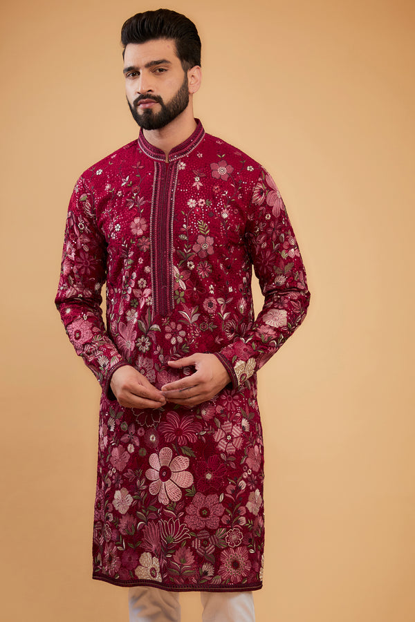 Hot Pink chikankari kurta with intricate neckline - kasbahmen