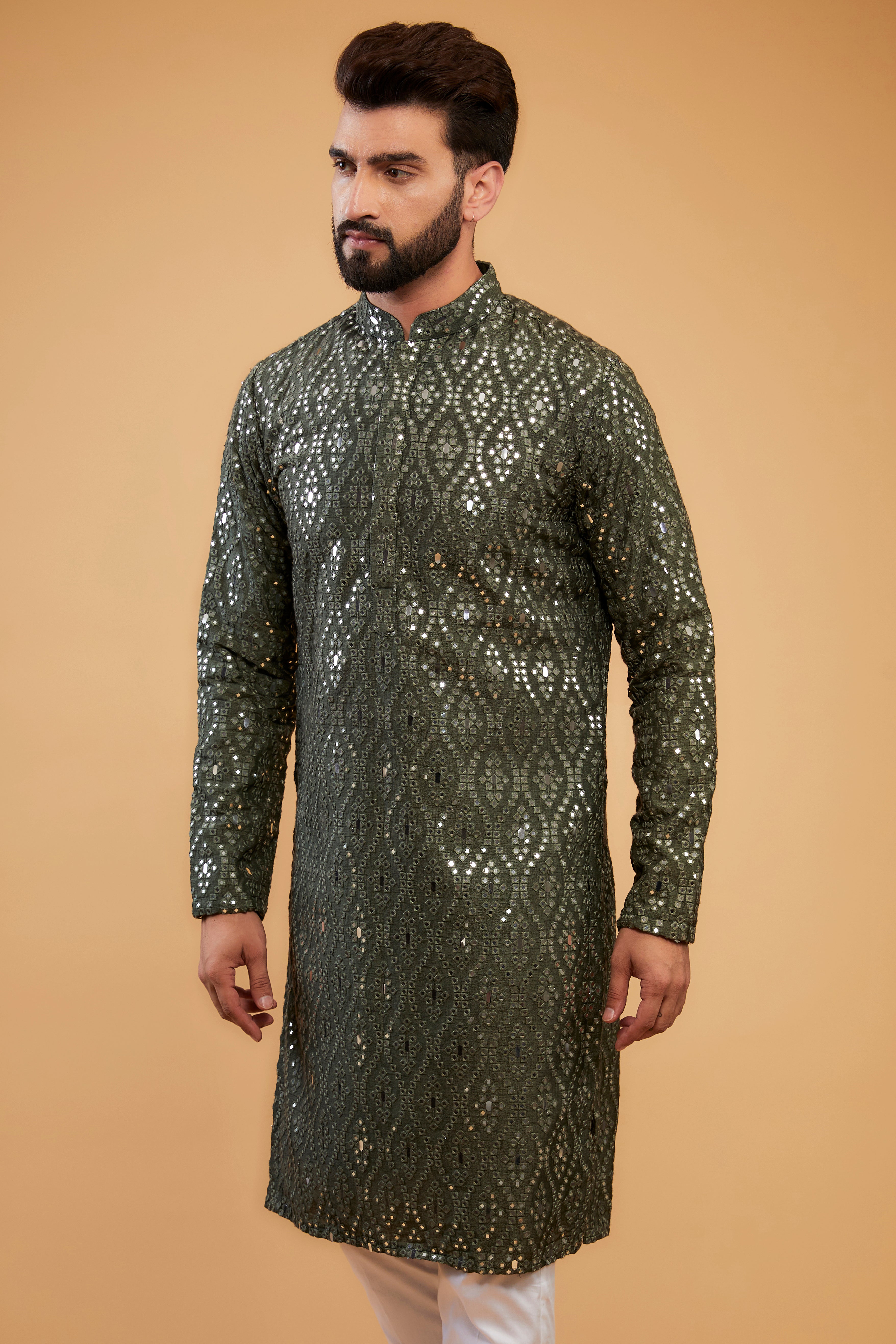 Military green mirror-work kurta - kasbahmen