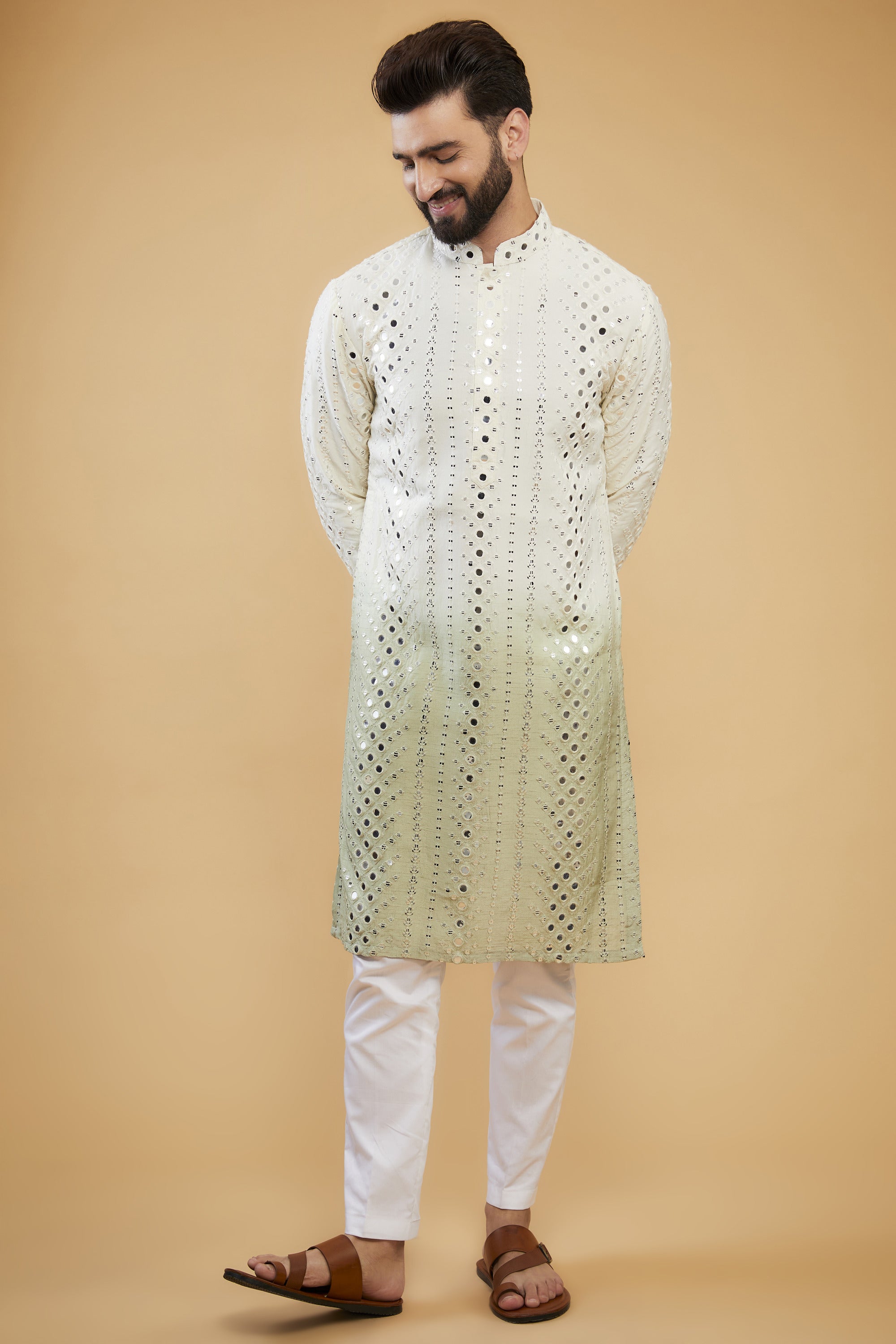 Cream to sage green ombre shaded mirror-work kurta - kasbahmen