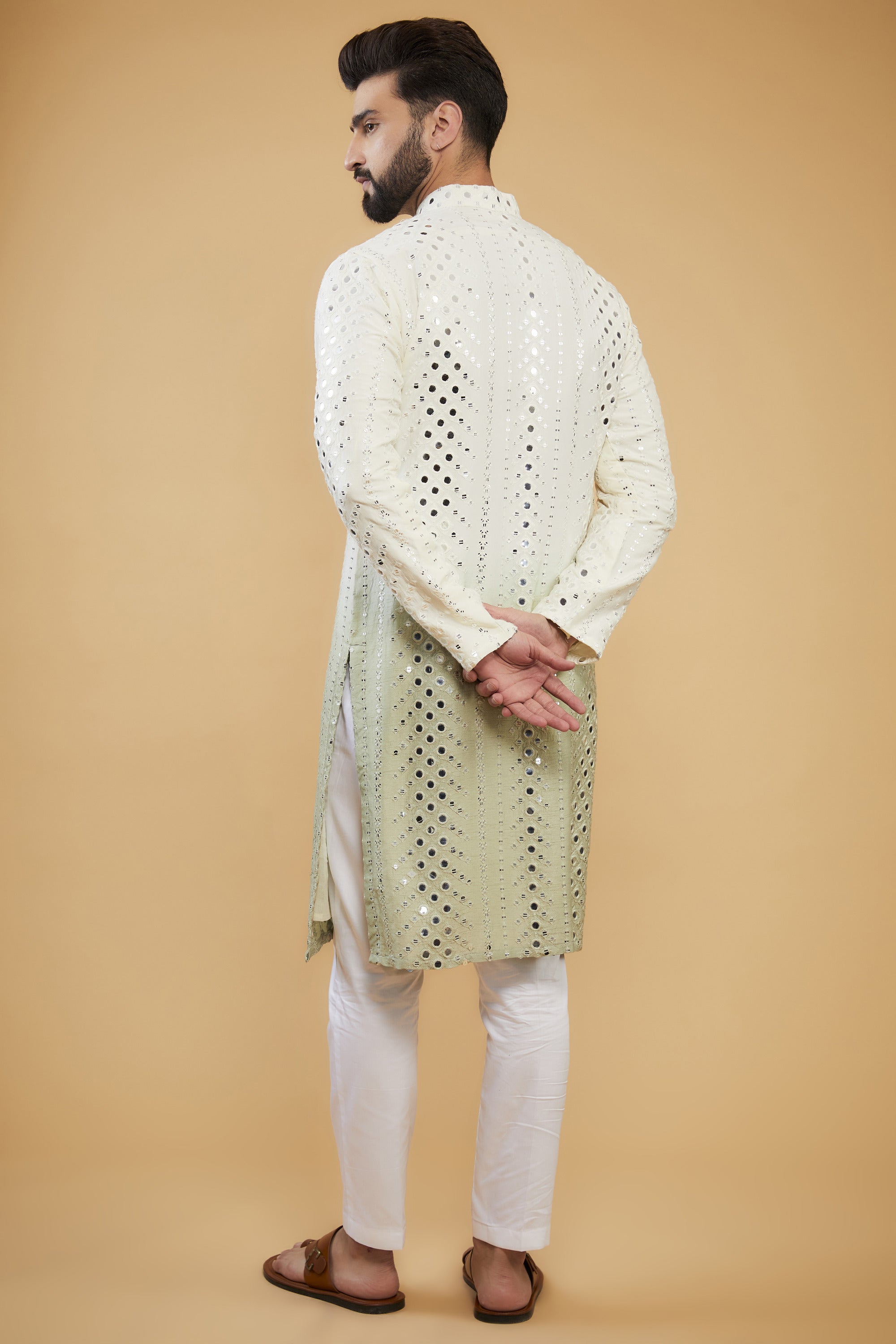 Cream to sage green ombre shaded mirror-work kurta - kasbahmen