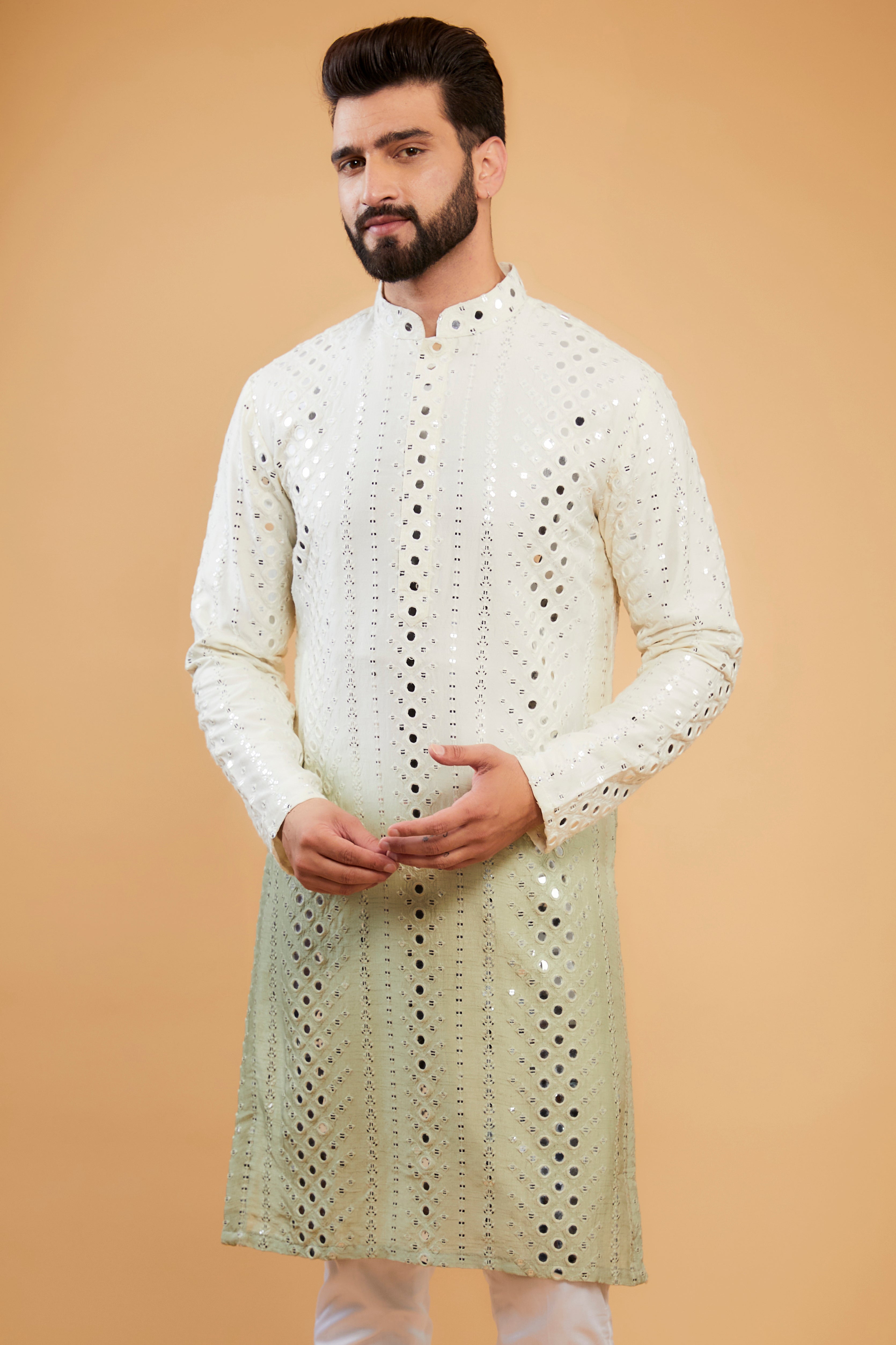 Cream to sage green ombre shaded mirror-work kurta - kasbahmen