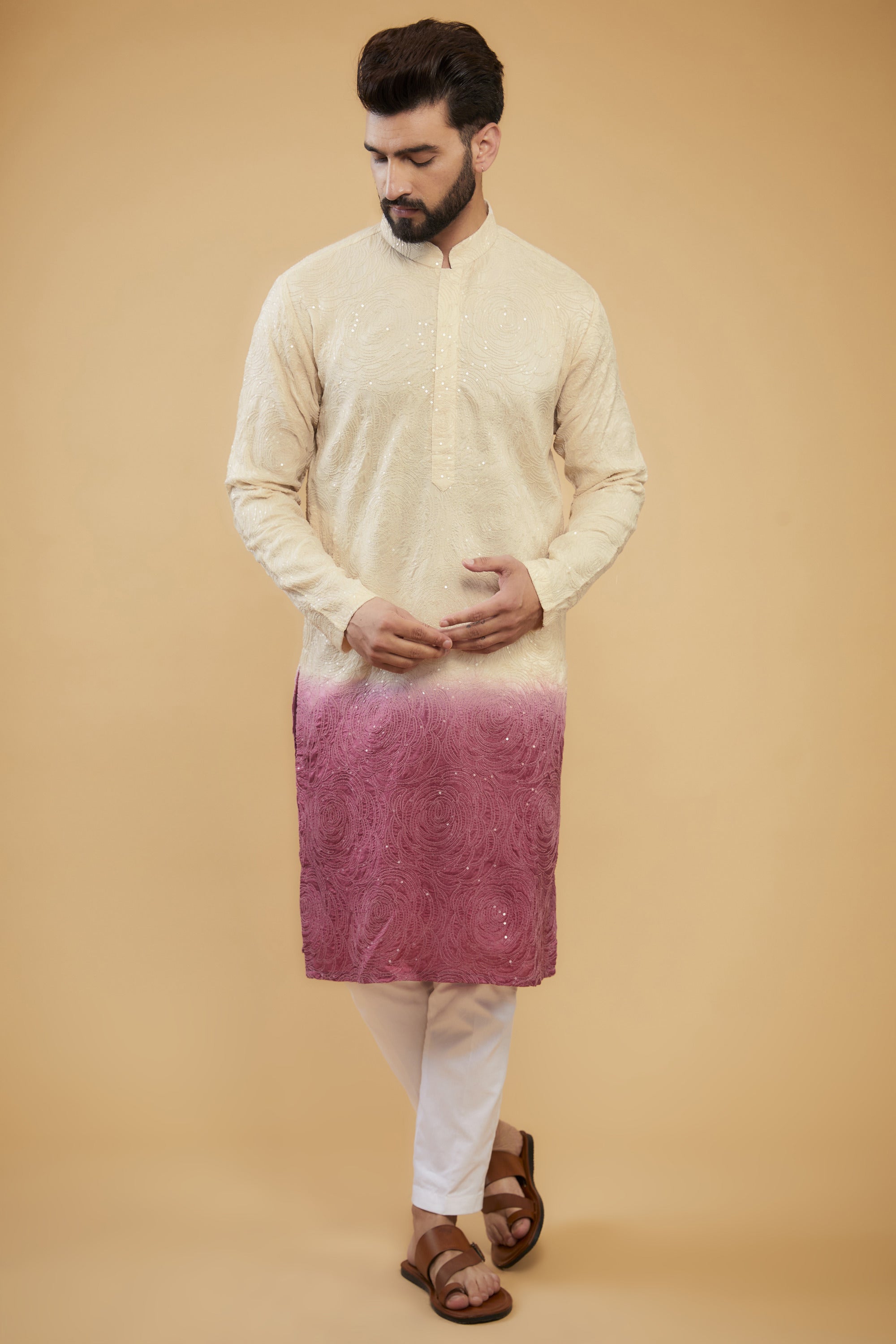 Cream to fuchsia pink ombre floral chikankari kurta - kasbahmen