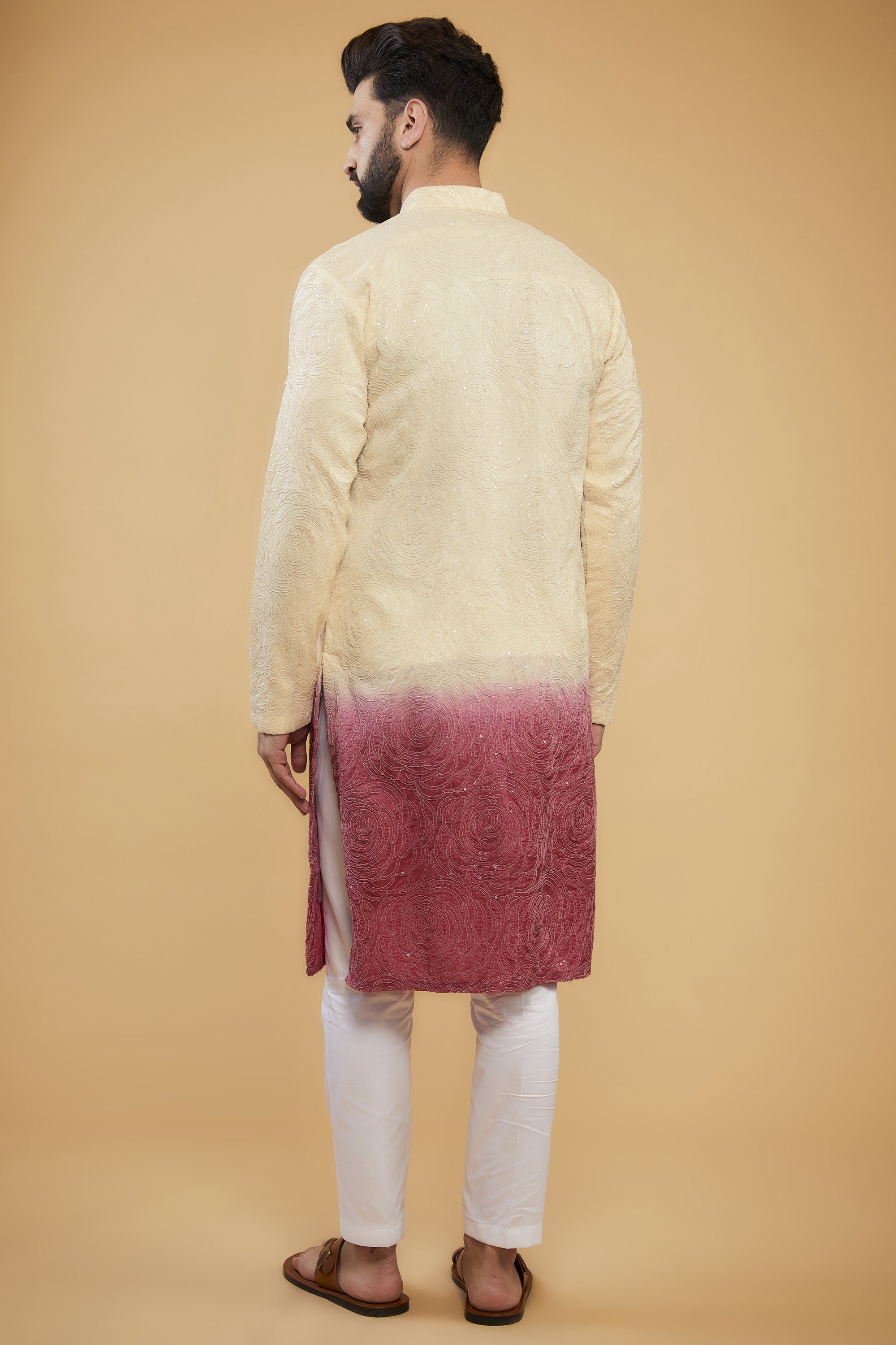 Cream to fuchsia pink ombre floral chikankari kurta - kasbahmen