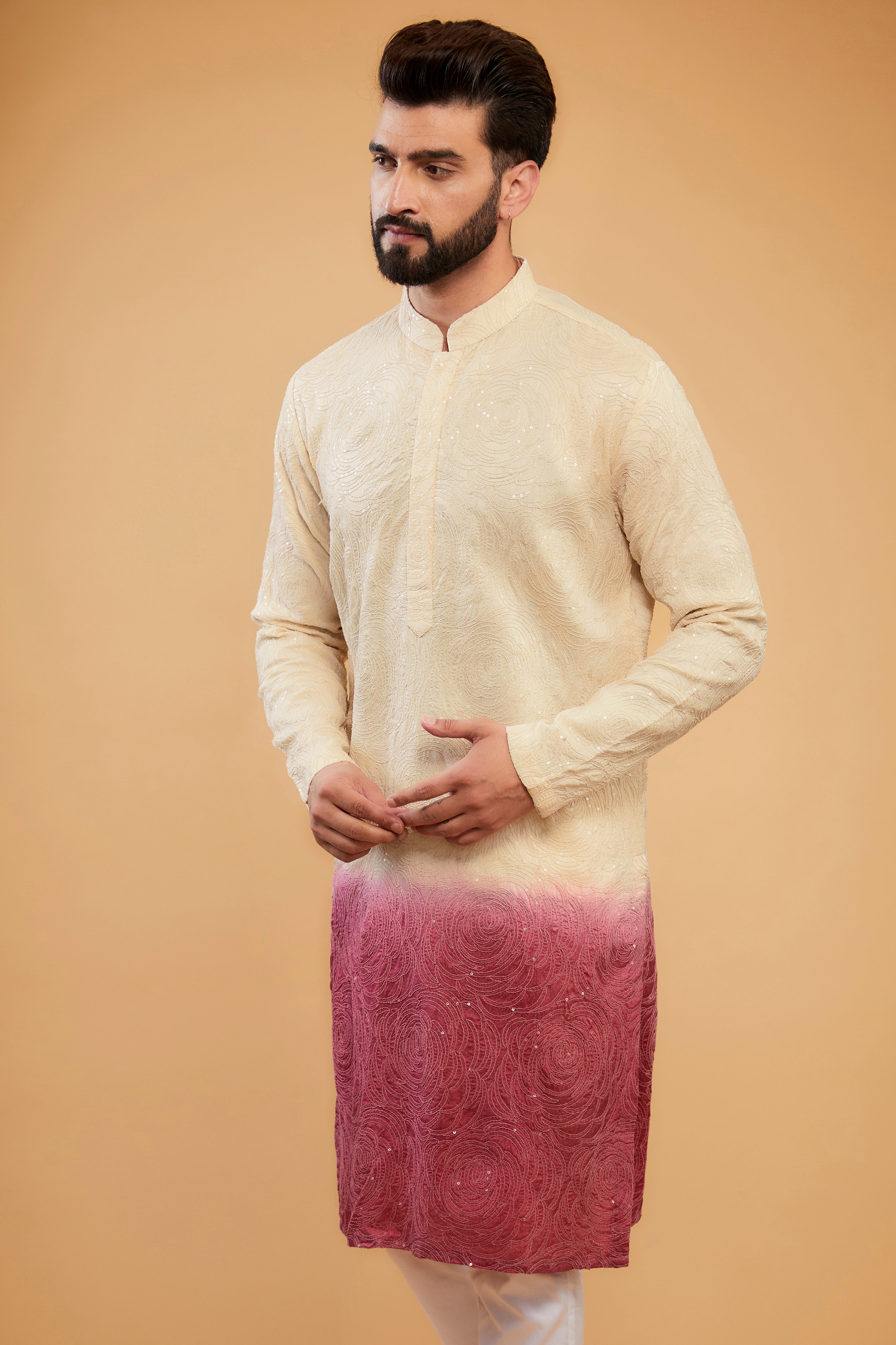 Cream to fuchsia pink ombre floral chikankari kurta - kasbahmen