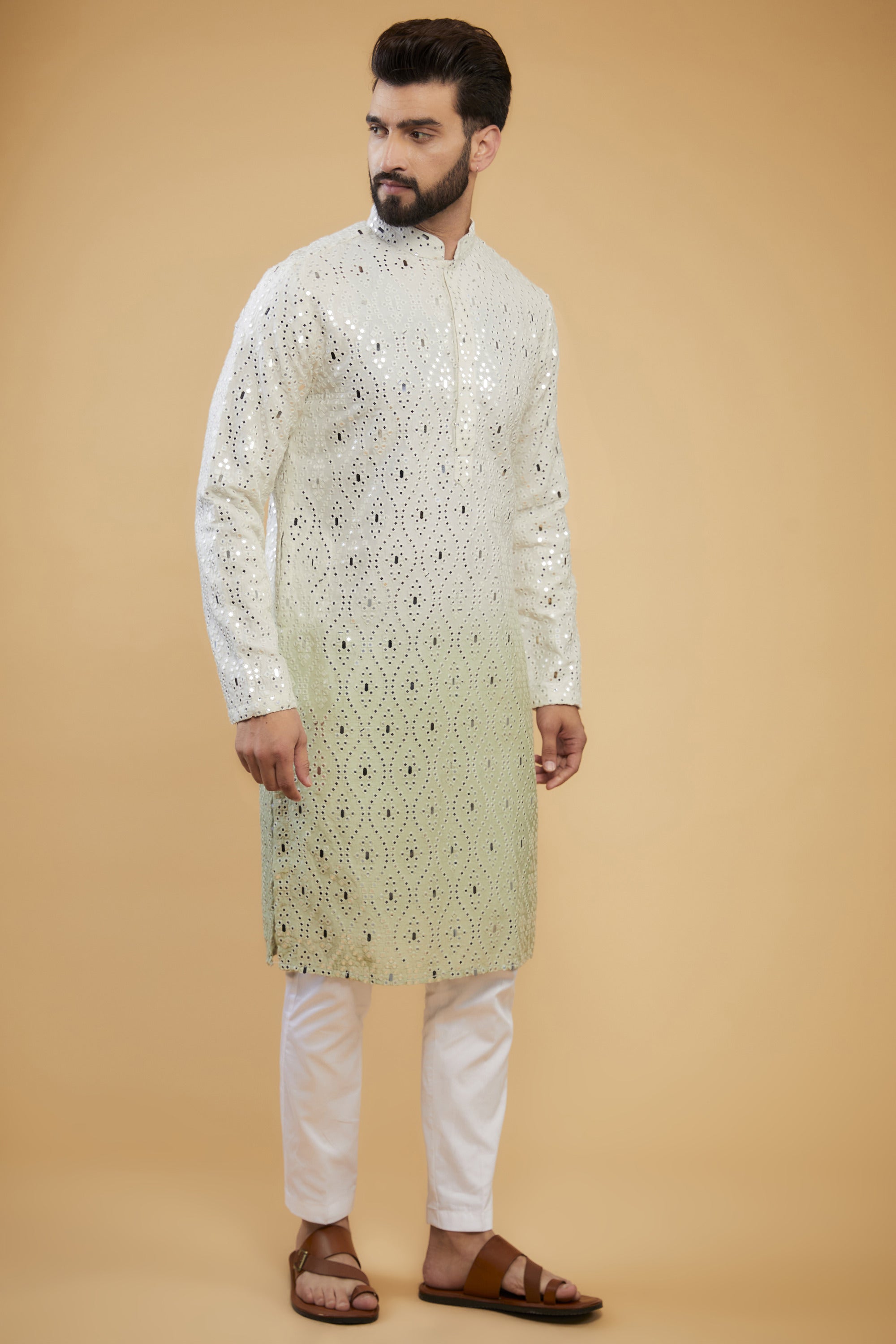 Cream to sage green ombre shaded mirror-work kurta - kasbahmen