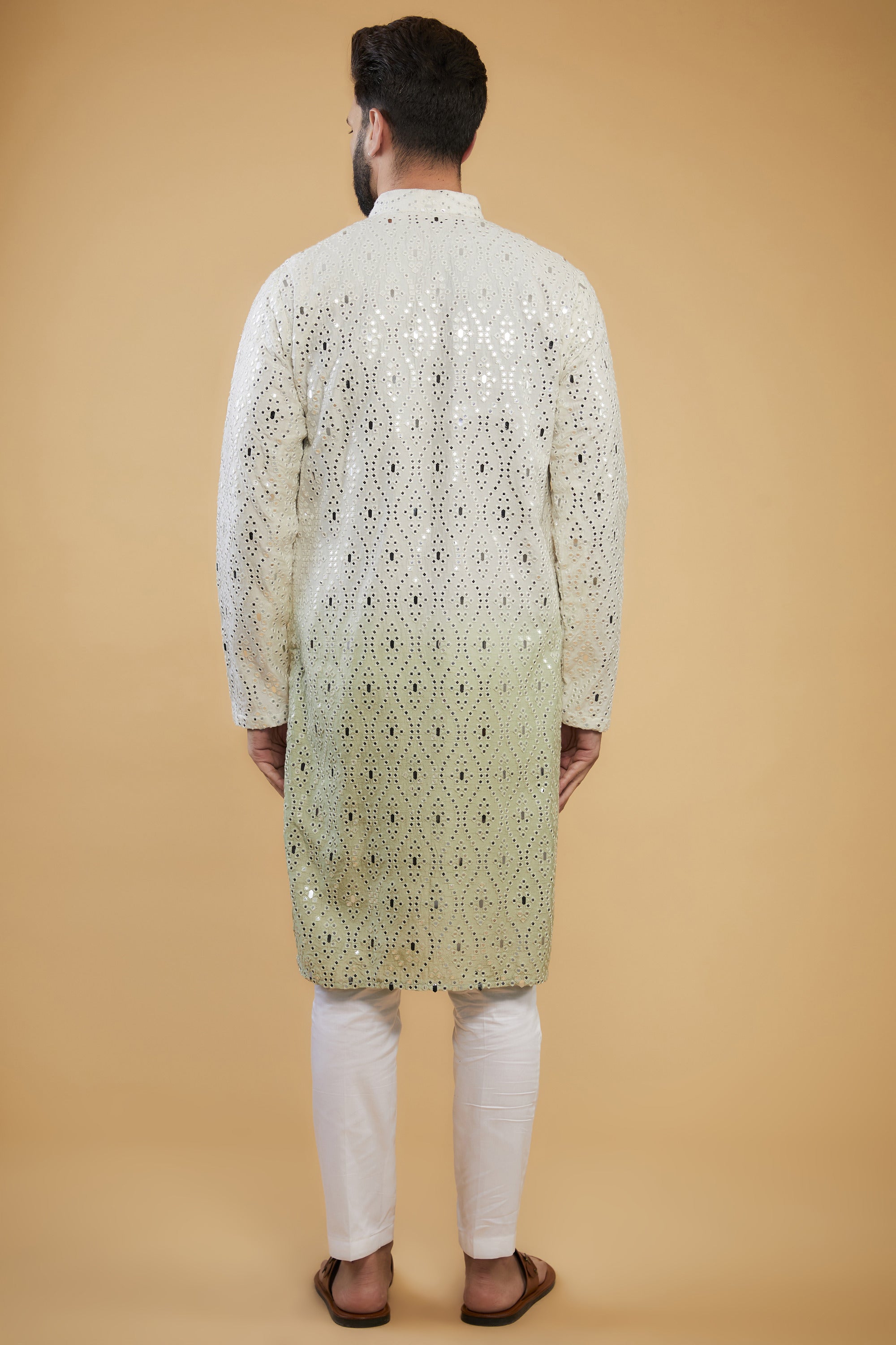 Cream to sage green ombre shaded mirror-work kurta - kasbahmen