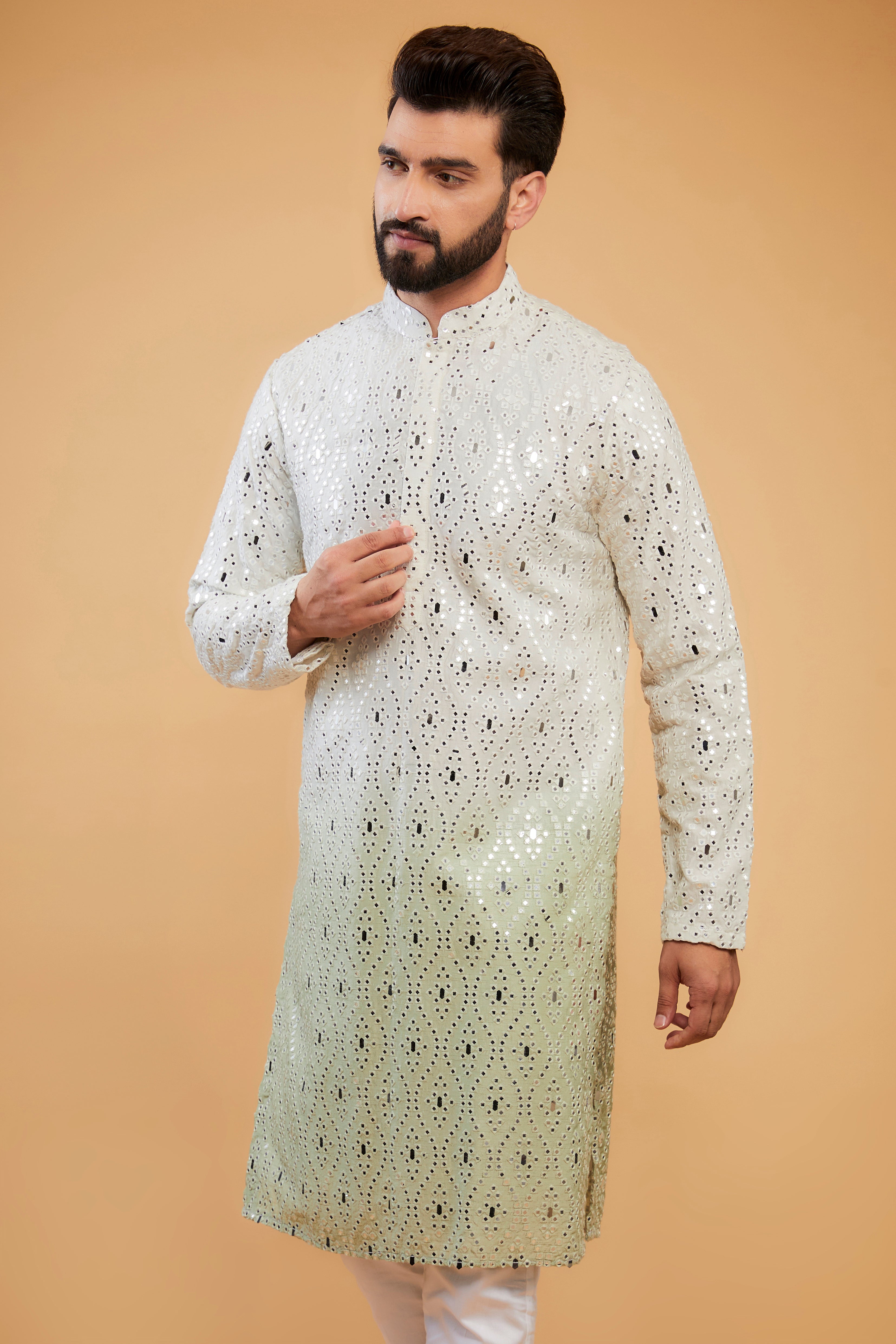 Cream to sage green ombre shaded mirror-work kurta - kasbahmen