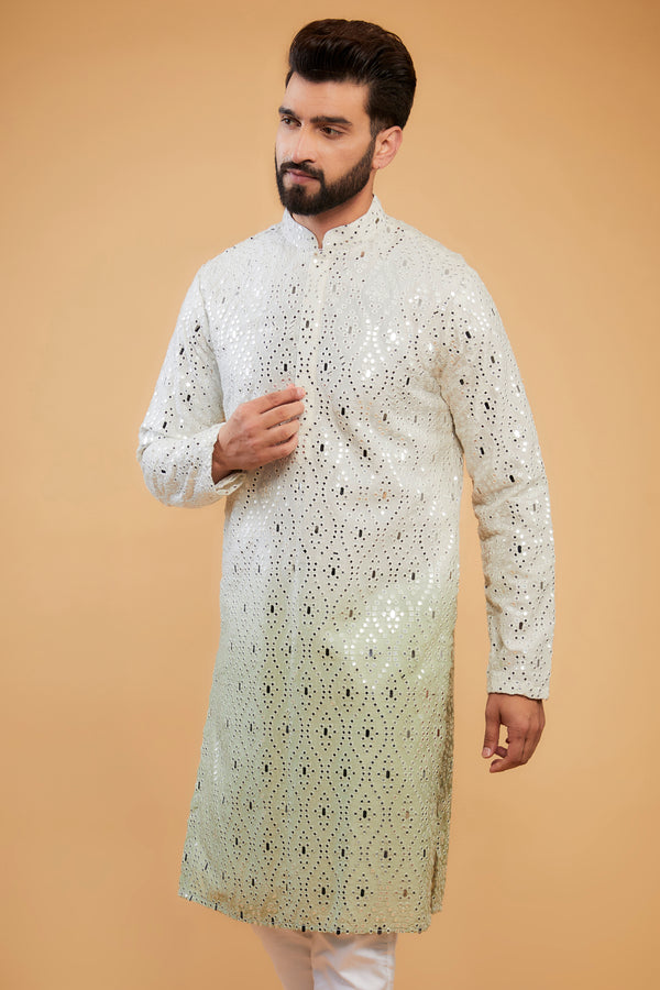 Cream to sage green ombre shaded mirror-work kurta