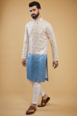 Cream to blue ombre shaded mirror-work kurta - kasbahmen