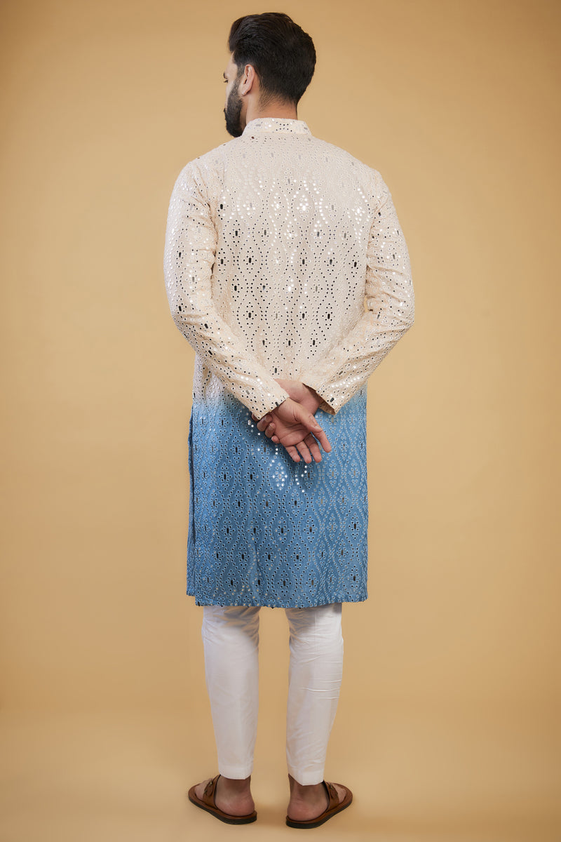 Cream to blue ombre shaded mirror-work kurta - kasbahmen