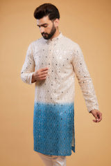 Cream to blue ombre shaded mirror-work kurta - kasbahmen