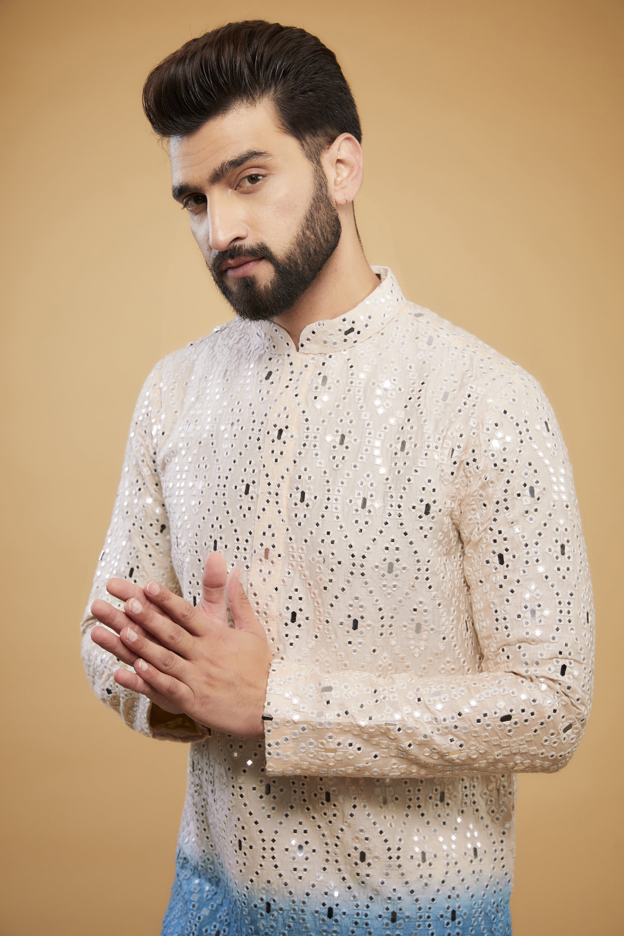 Cream to blue ombre shaded mirror-work kurta - kasbahmen