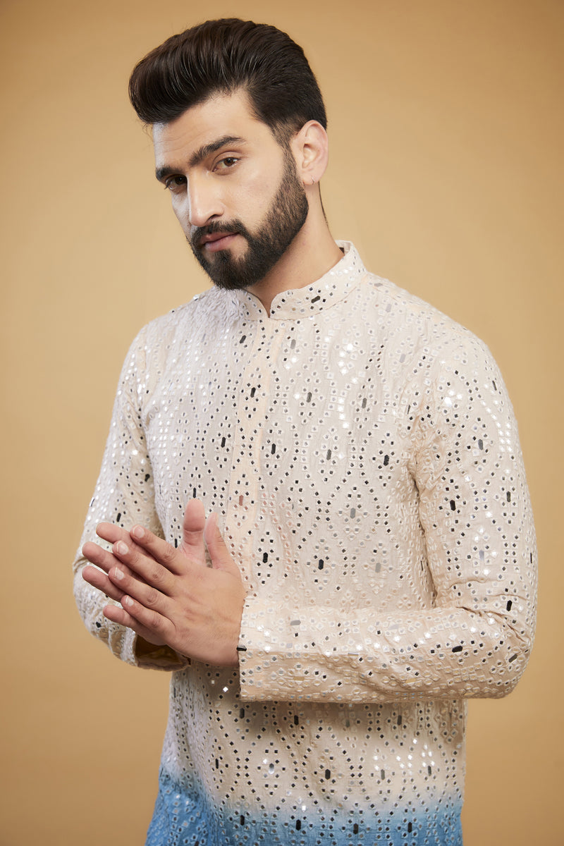 Cream to blue ombre shaded mirror-work kurta - kasbahmen