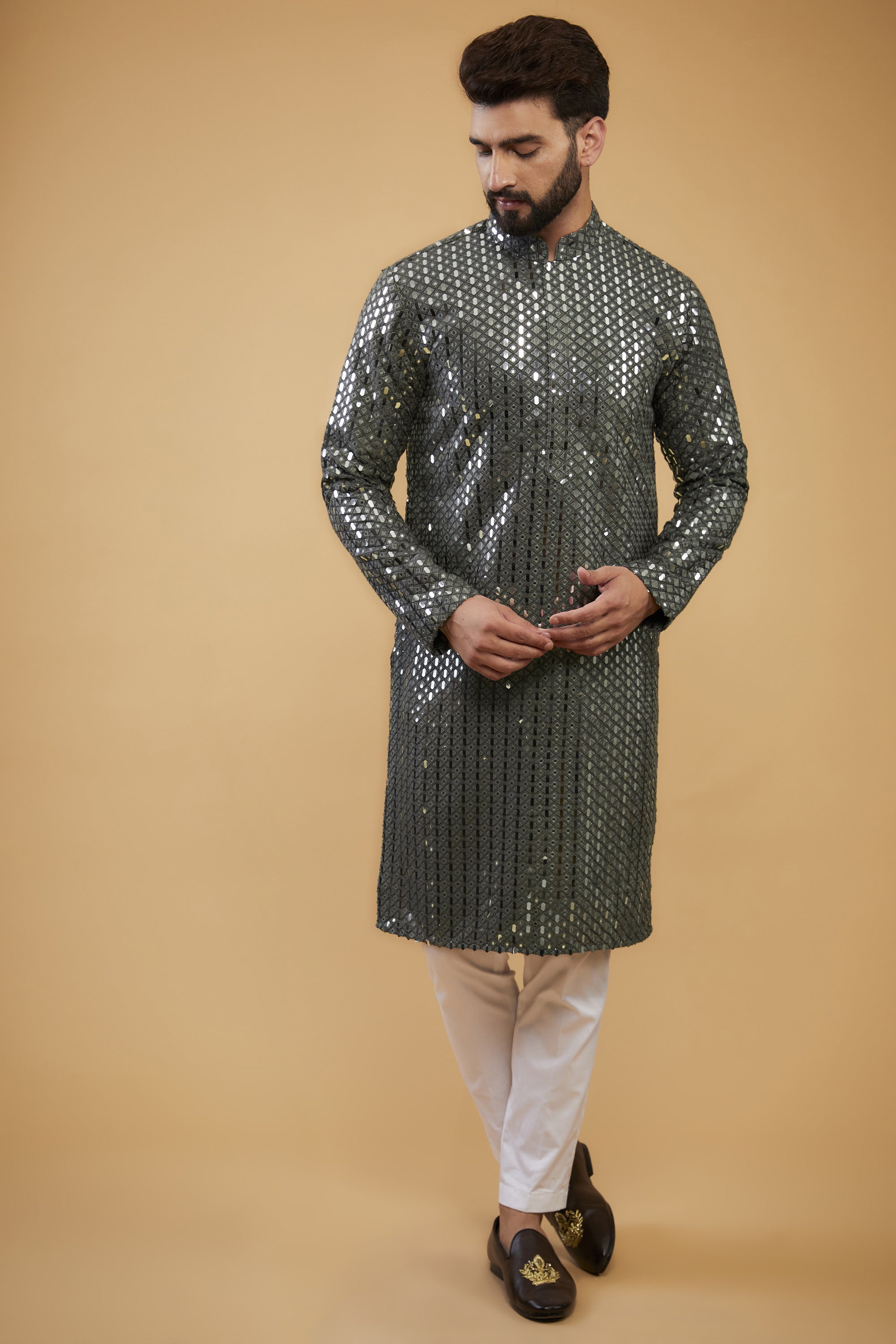 Military green heavy mirror-work kurta - kasbahmen