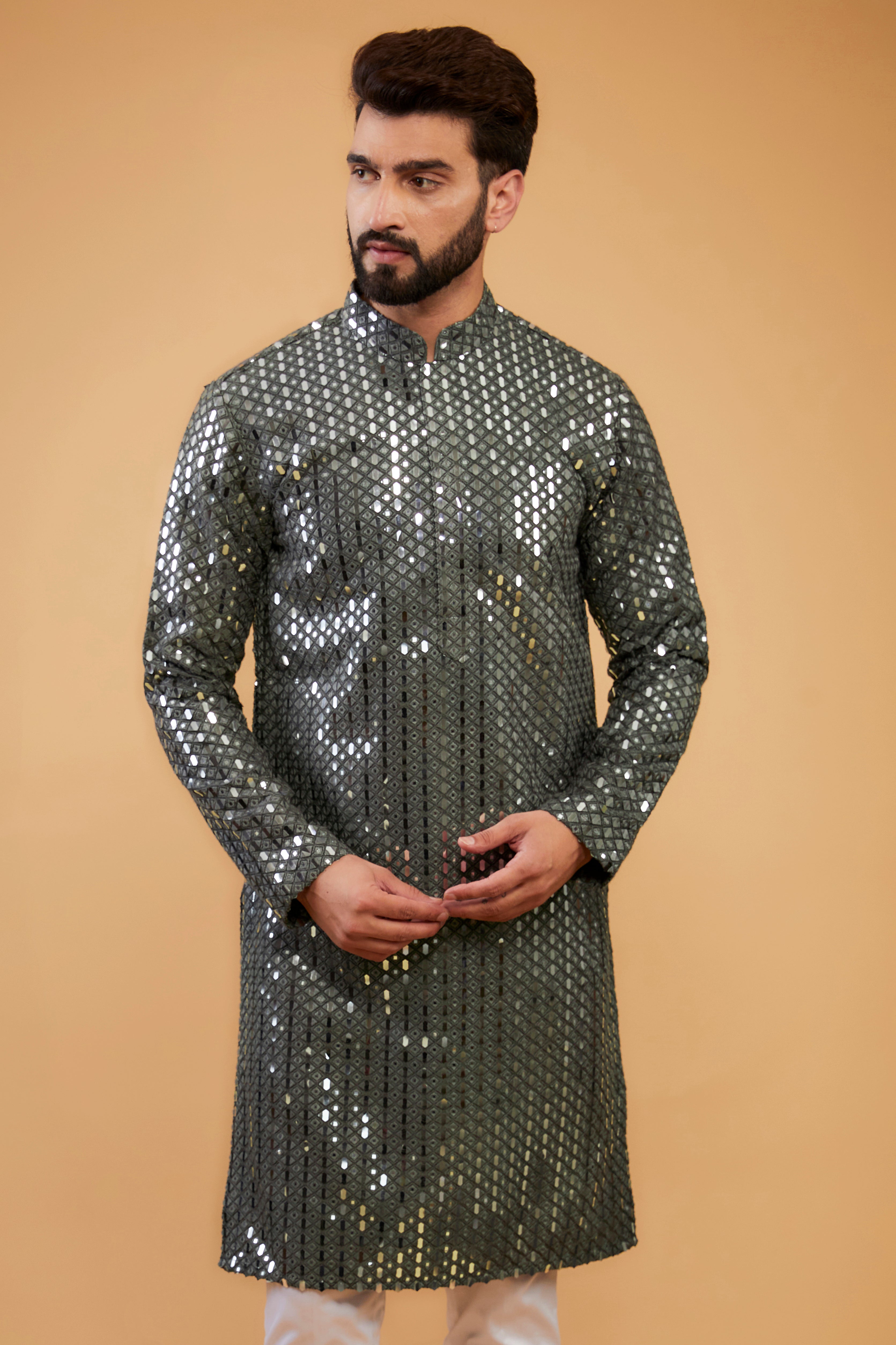 Military green heavy mirror-work kurta - kasbahmen