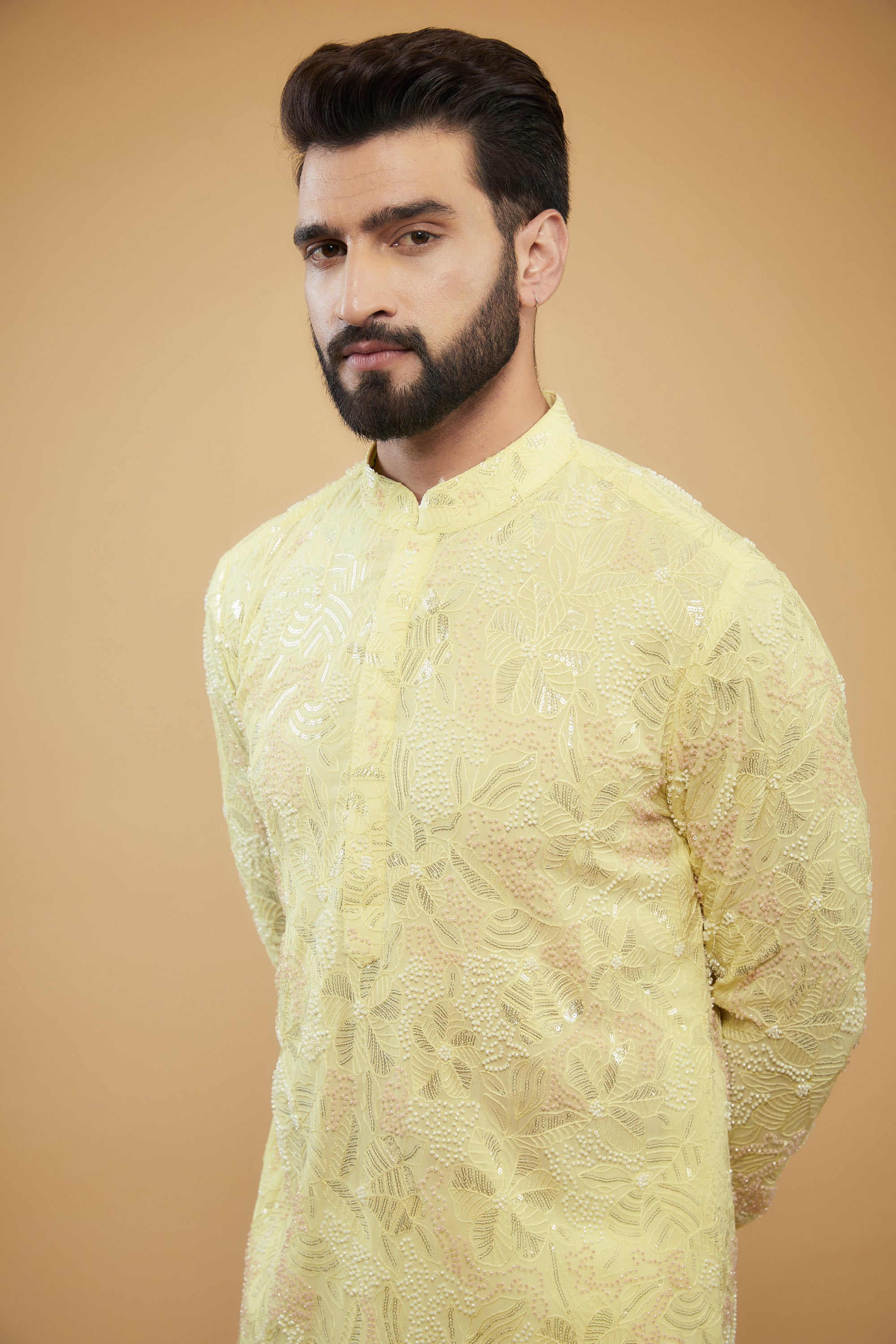 Yellow chikankari kurta with an intricate amalagamation of cut-dana, sequins and thread-work. - kasbahmen