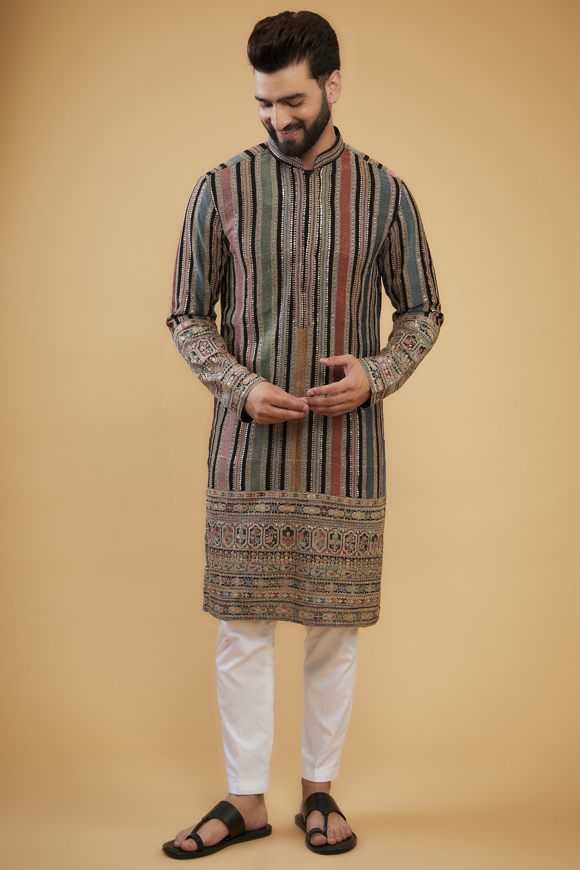 Multi-colour heavy thread-work chikankari kurta with intricate sequin and zari embroidery. - kasbahmen