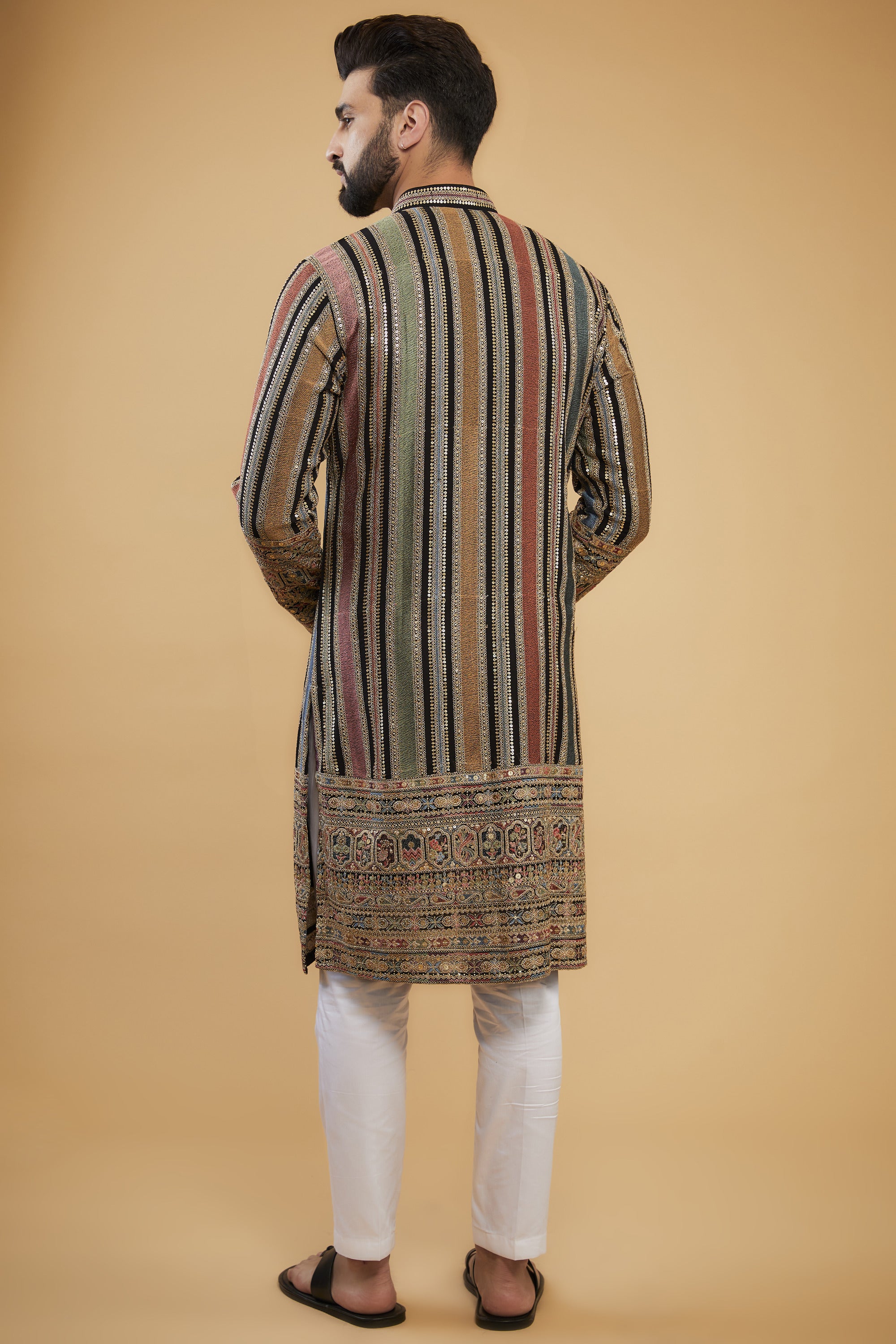 Multi-colour heavy thread-work chikankari kurta with intricate sequin and zari embroidery. - kasbahmen