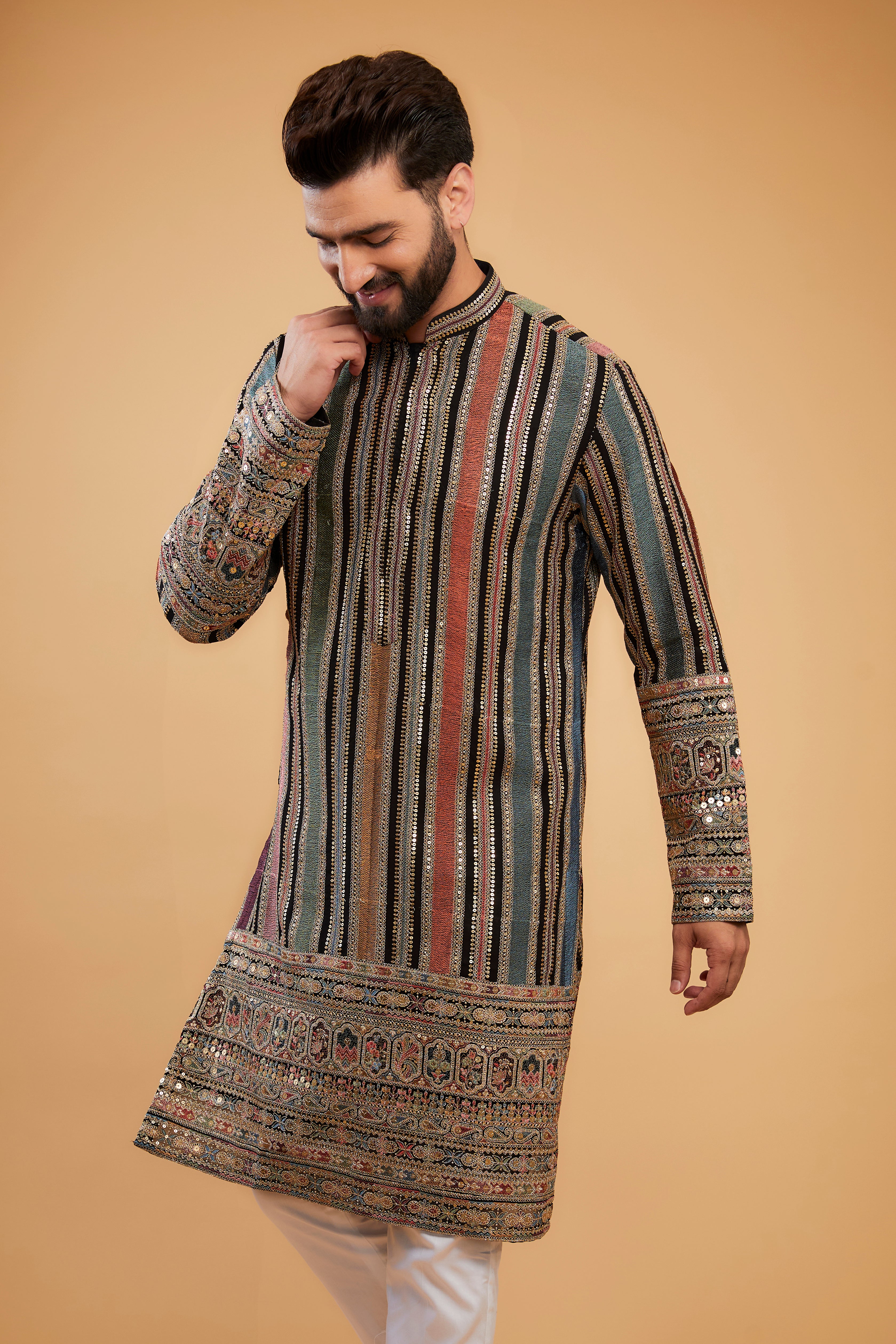 Multi-colour heavy thread-work chikankari kurta with intricate sequin and zari embroidery. - kasbahmen