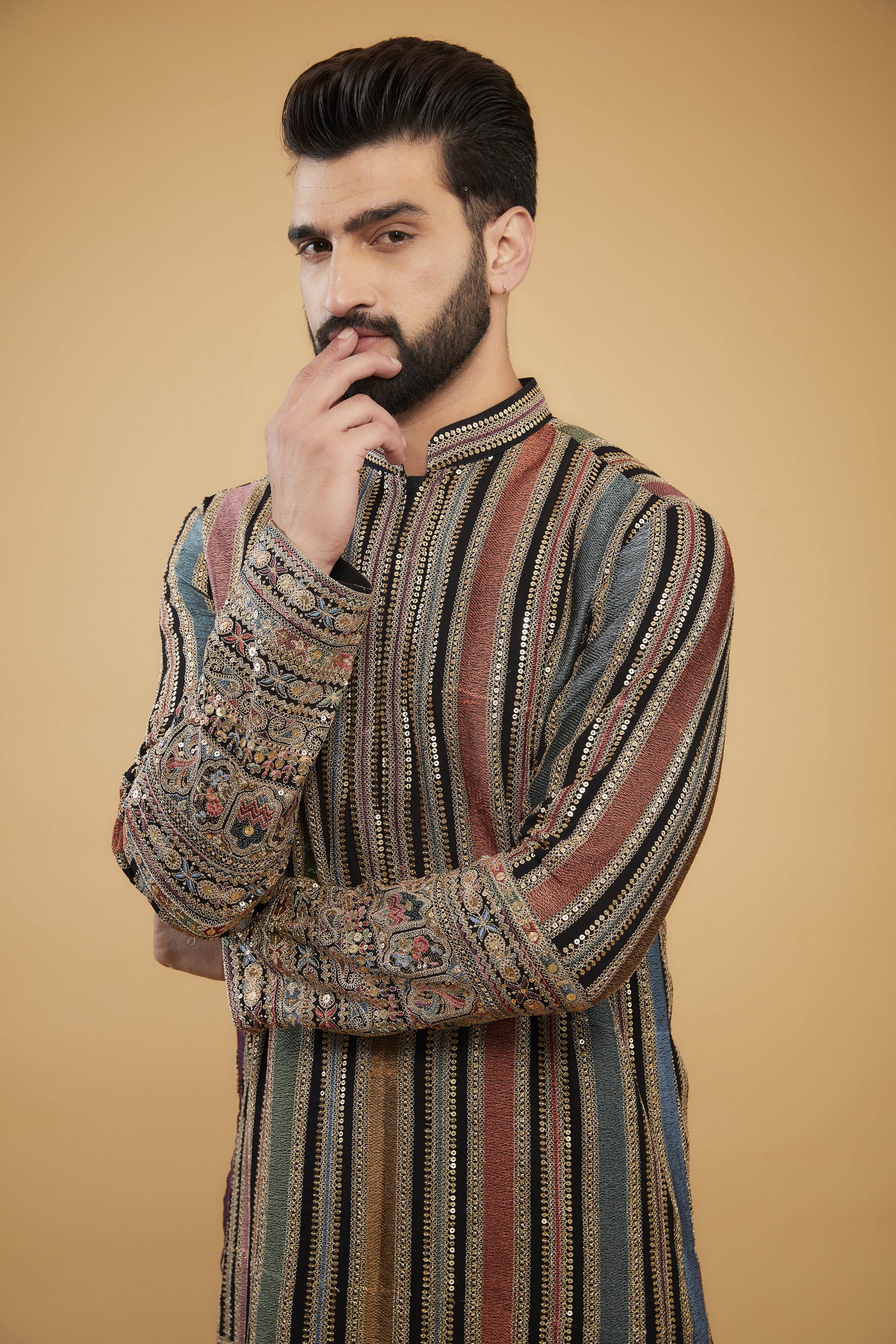 Multi-colour heavy thread-work chikankari kurta with intricate sequin and zari embroidery. - kasbahmen