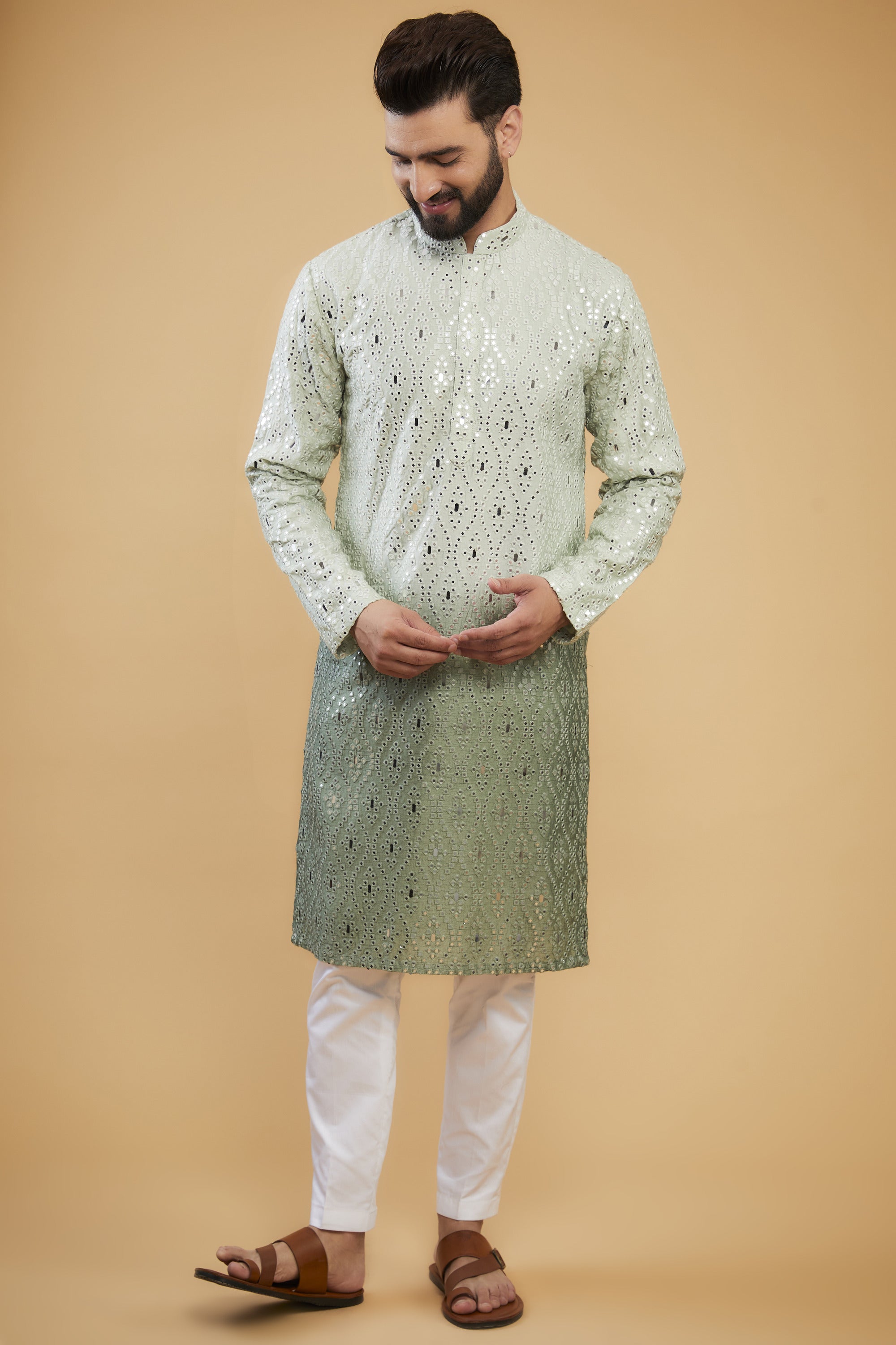 Sage Green ombre shaded mirror-work kurta. - kasbahmen