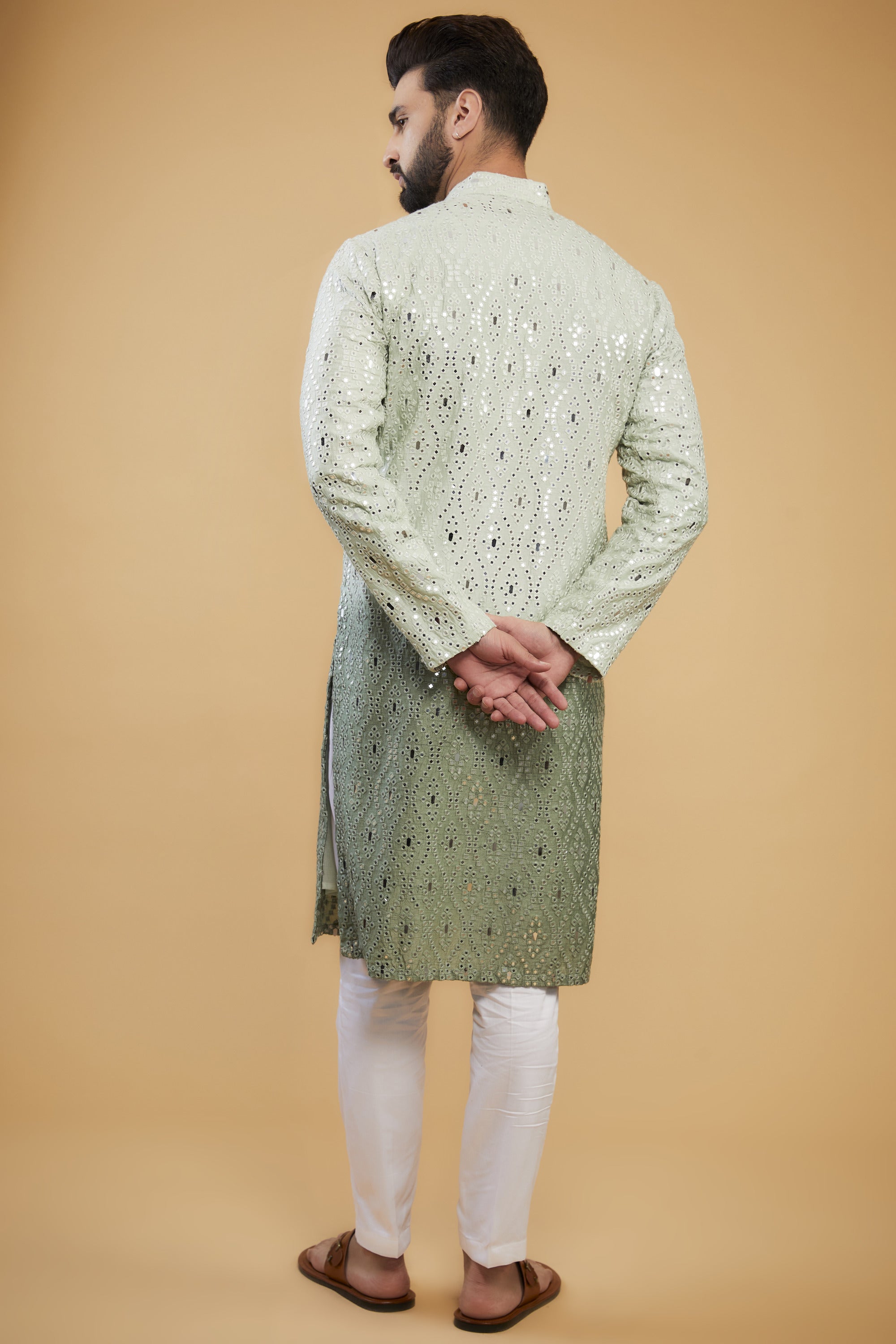 Sage Green ombre shaded mirror-work kurta. - kasbahmen