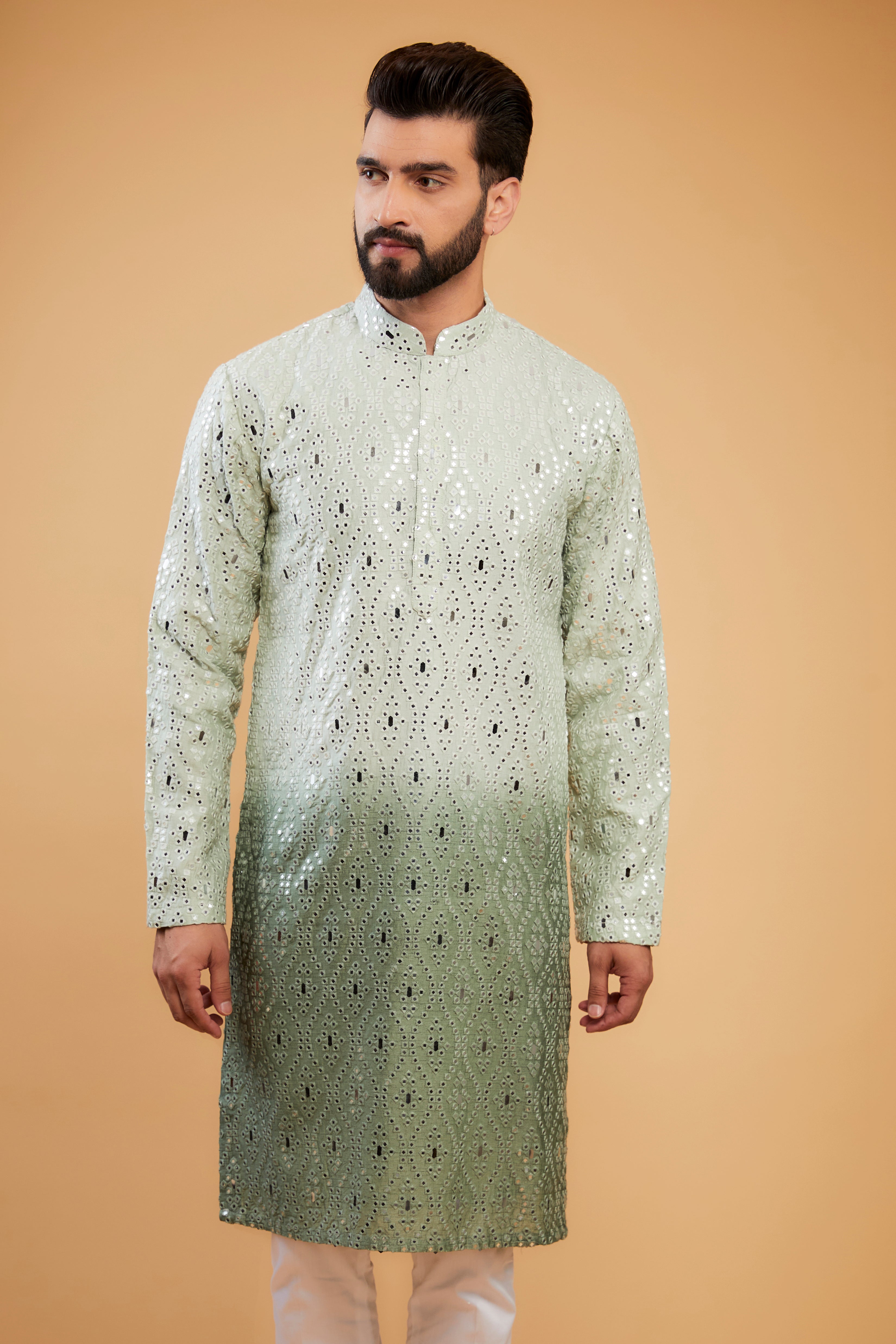 Sage Green ombre shaded mirror-work kurta. - kasbahmen