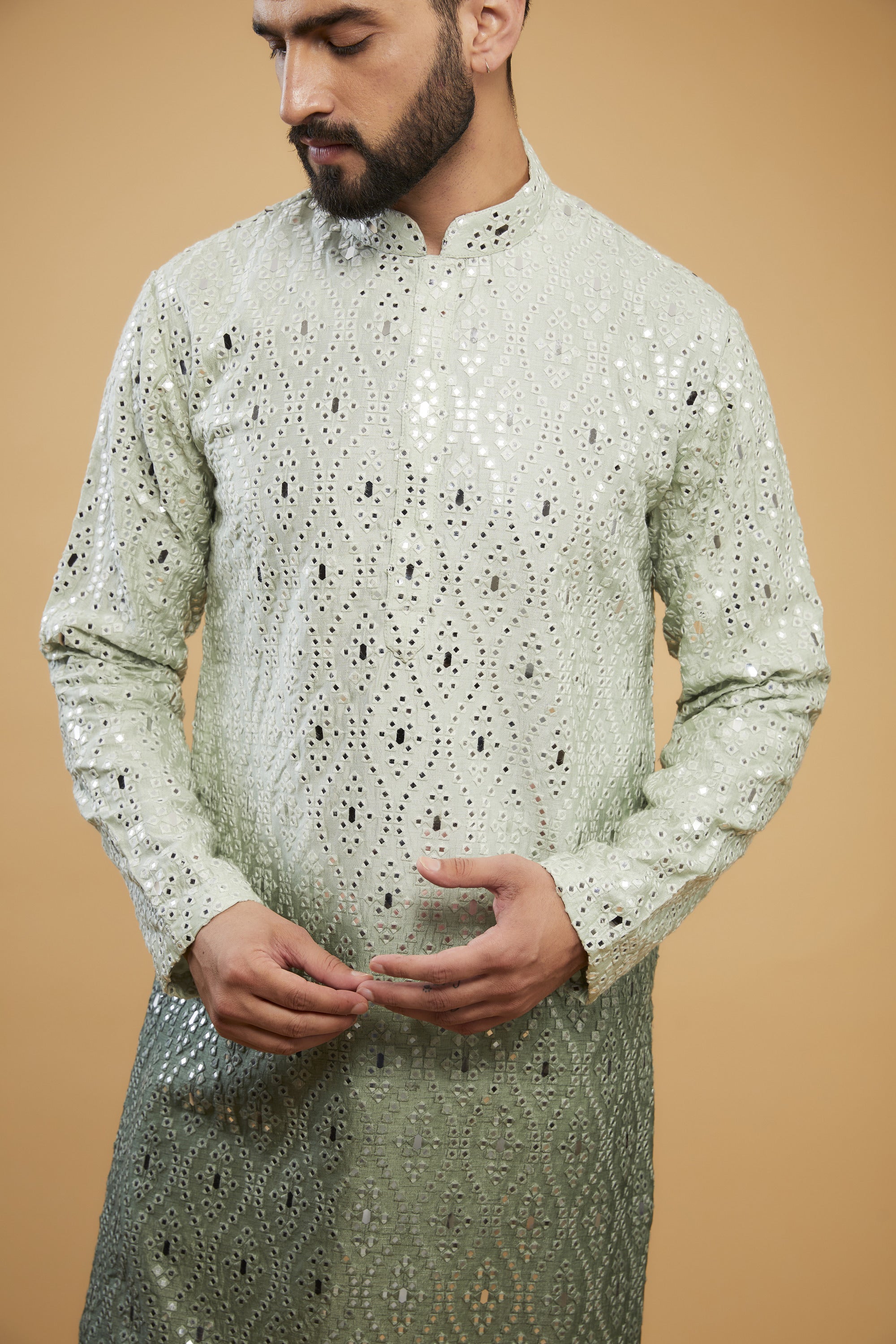 Sage Green ombre shaded mirror-work kurta. - kasbahmen