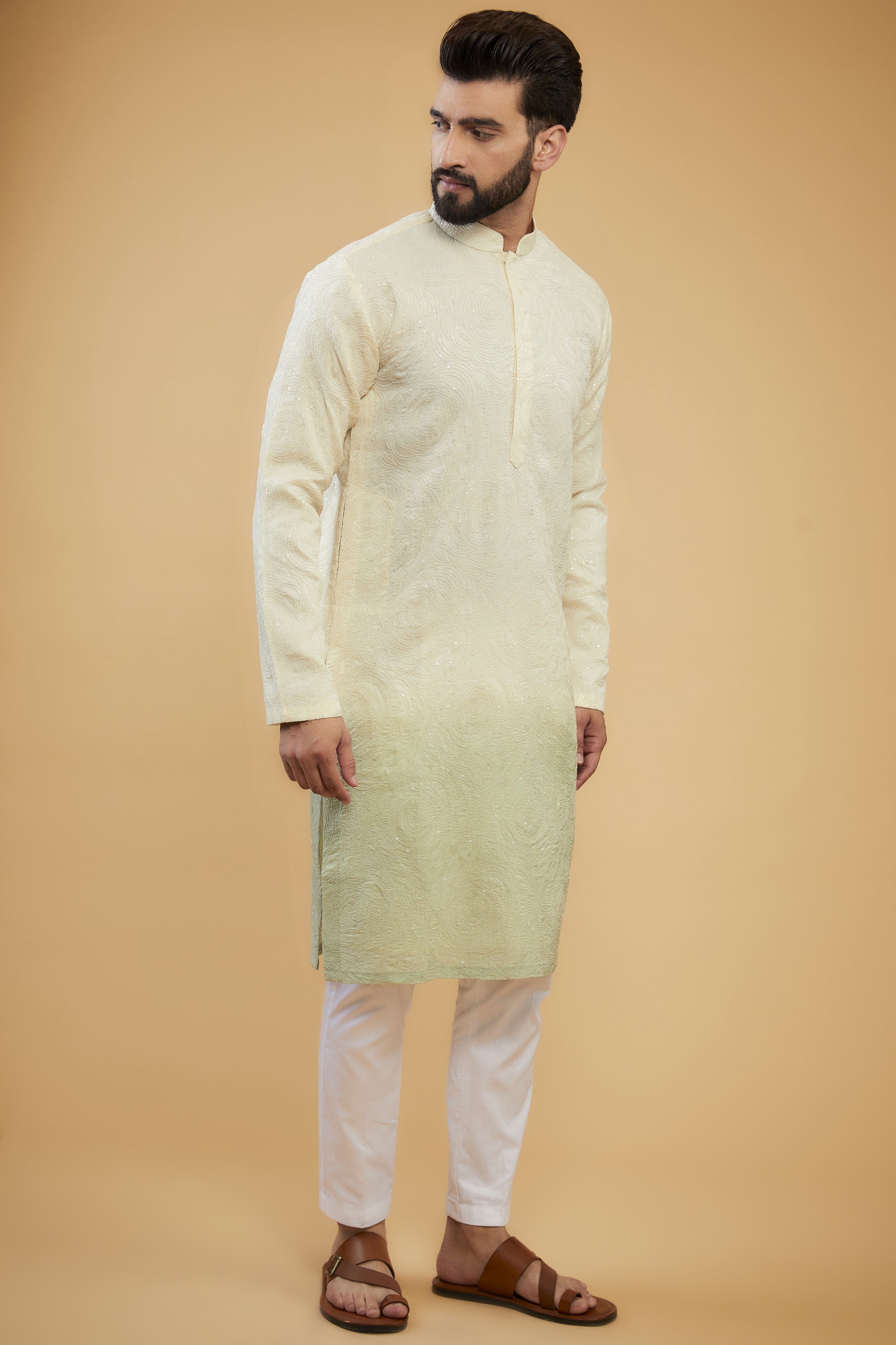 Cream to Mint Green ombre shaded chikankari kurta - kasbahmen