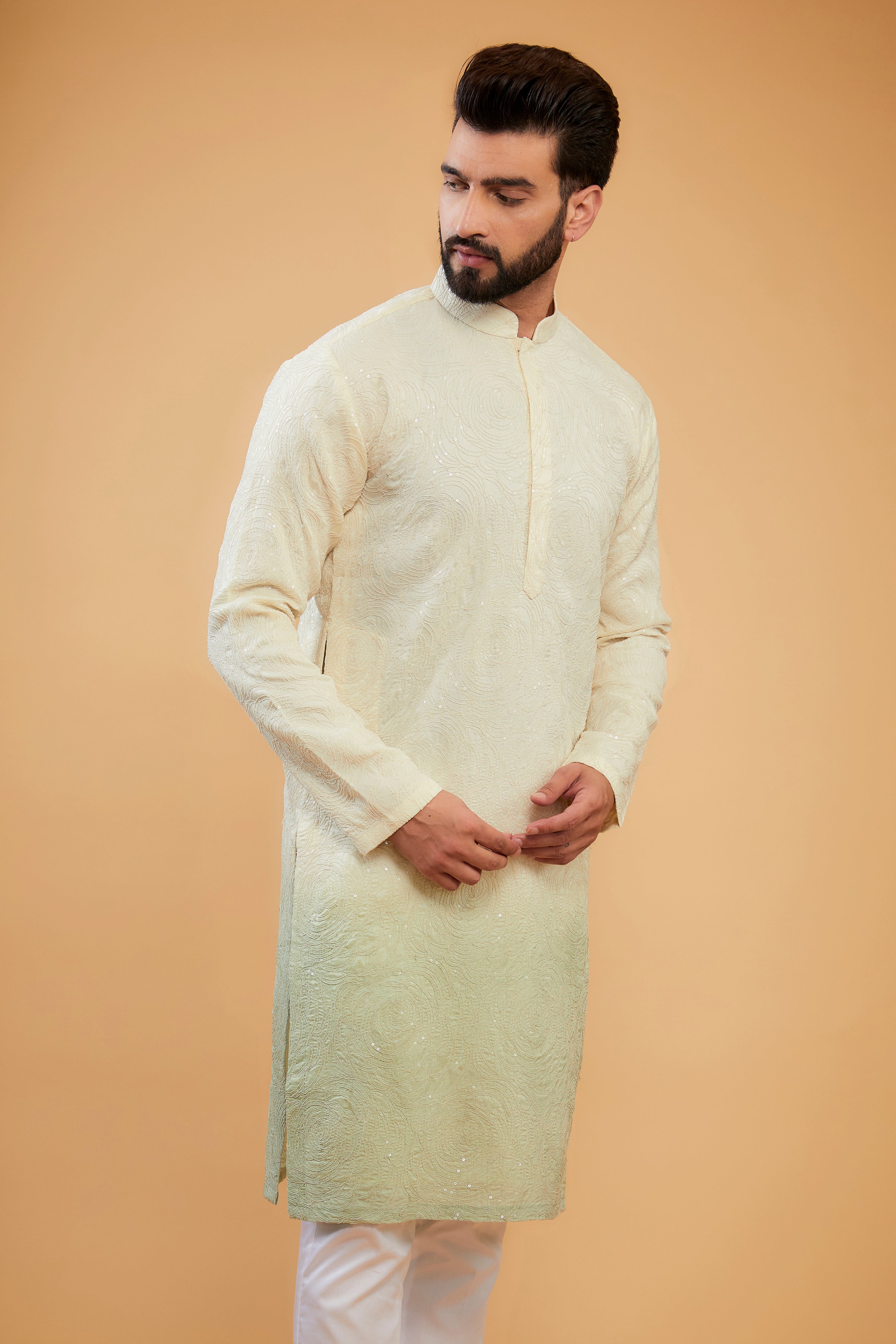 Cream to Mint Green ombre shaded chikankari kurta - kasbahmen