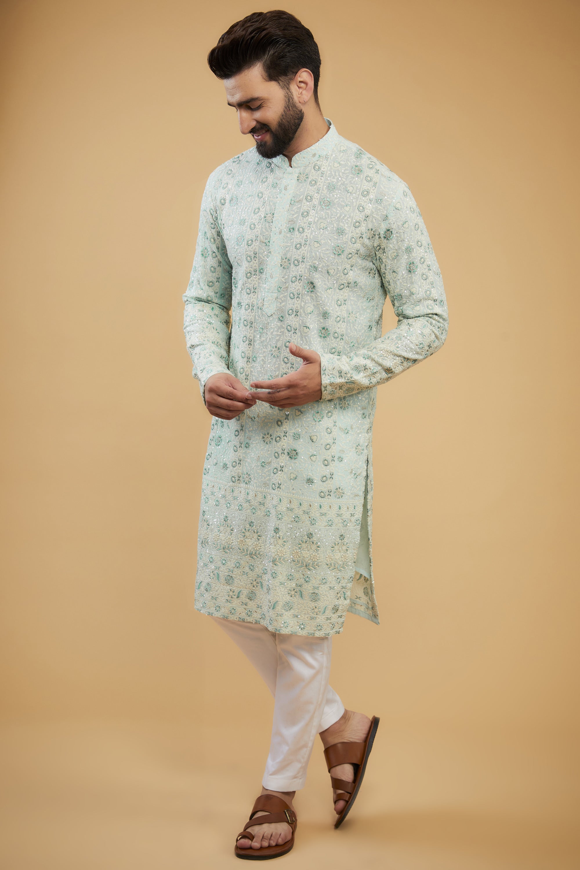 Powder Blue chikankari kurta with intricate floral embroidery. - kasbahmen