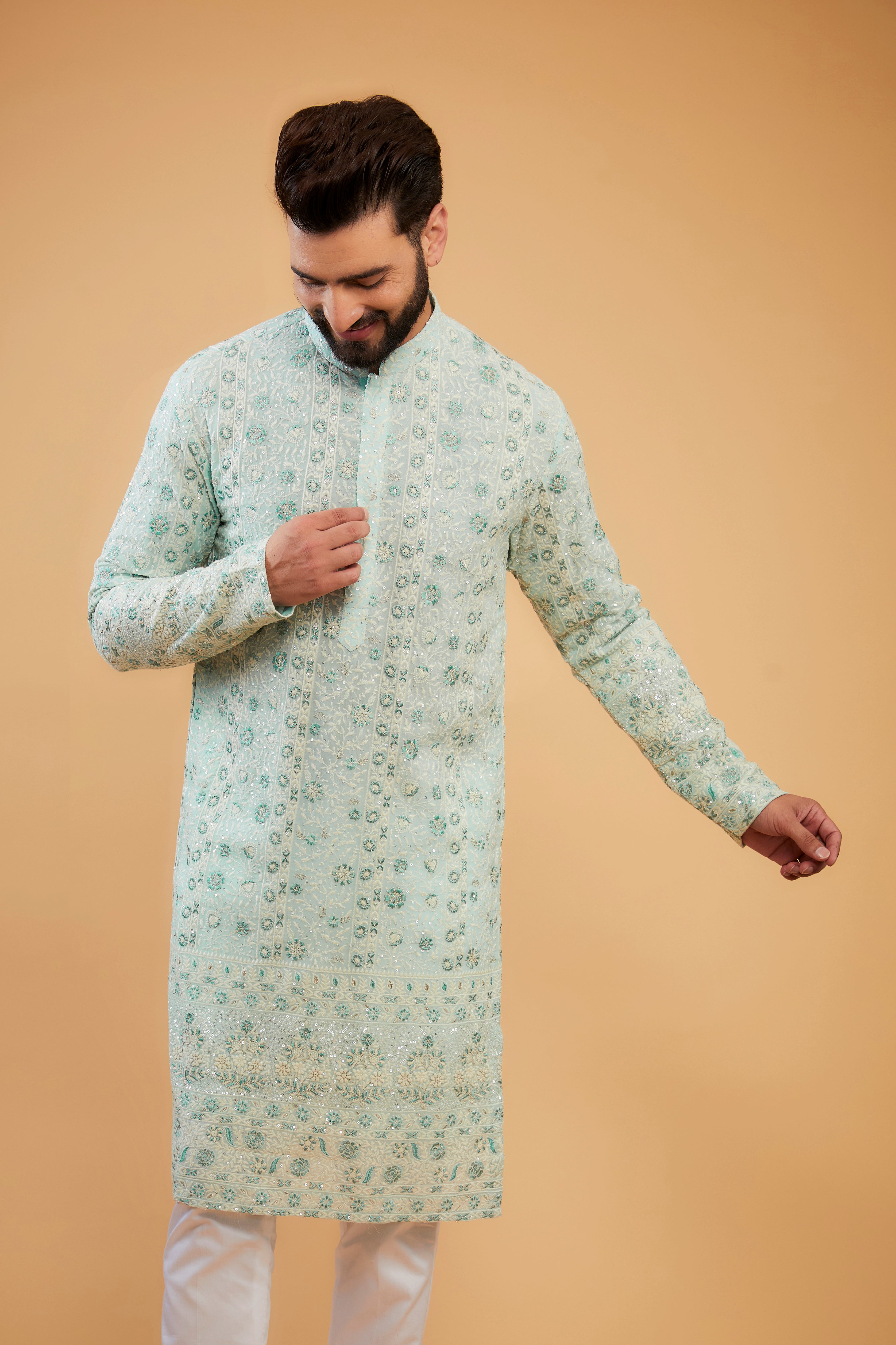 Powder Blue chikankari kurta with intricate floral embroidery. - kasbahmen