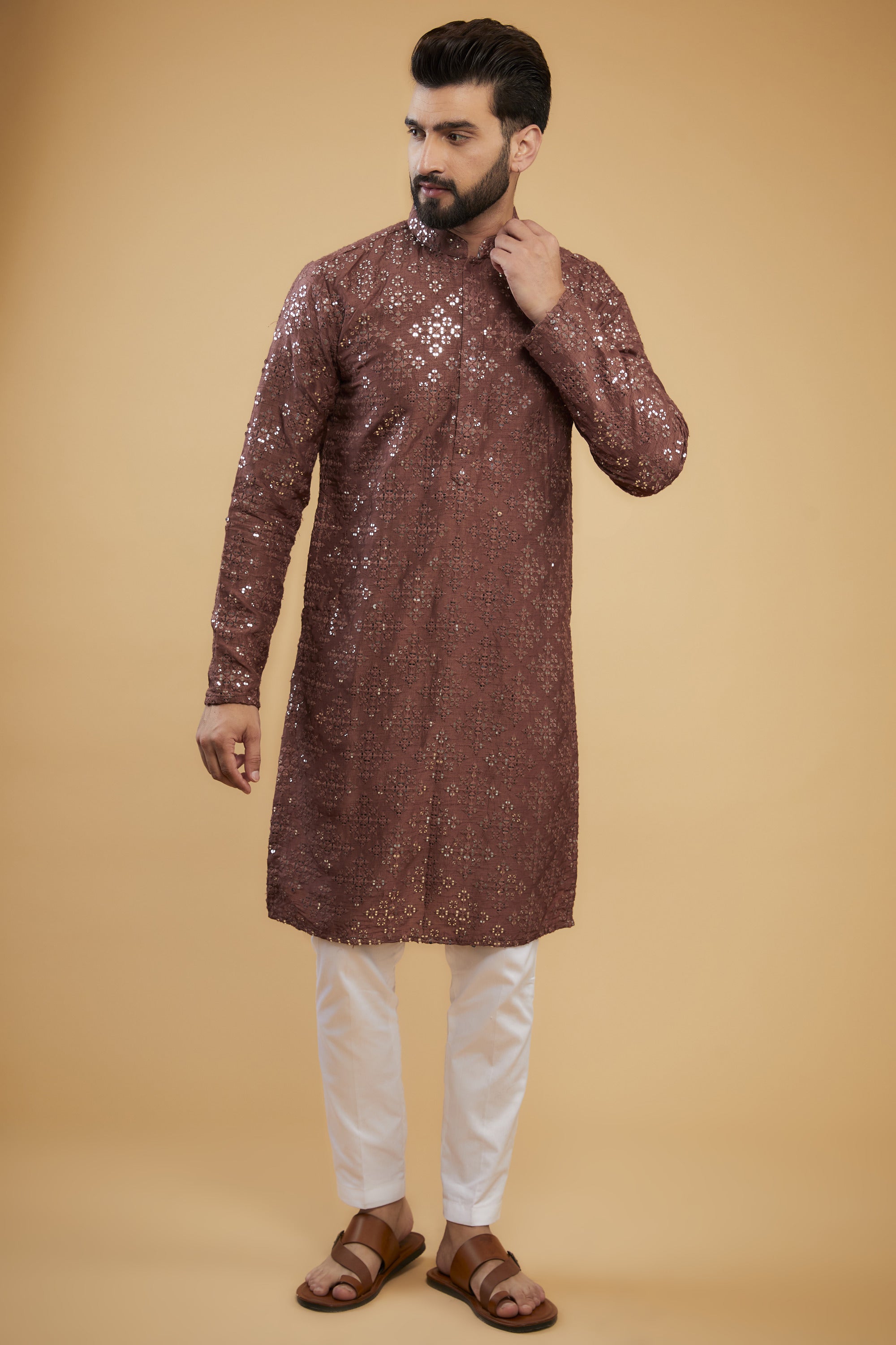 Mauve taupe classic mirror-work kurta - kasbahmen