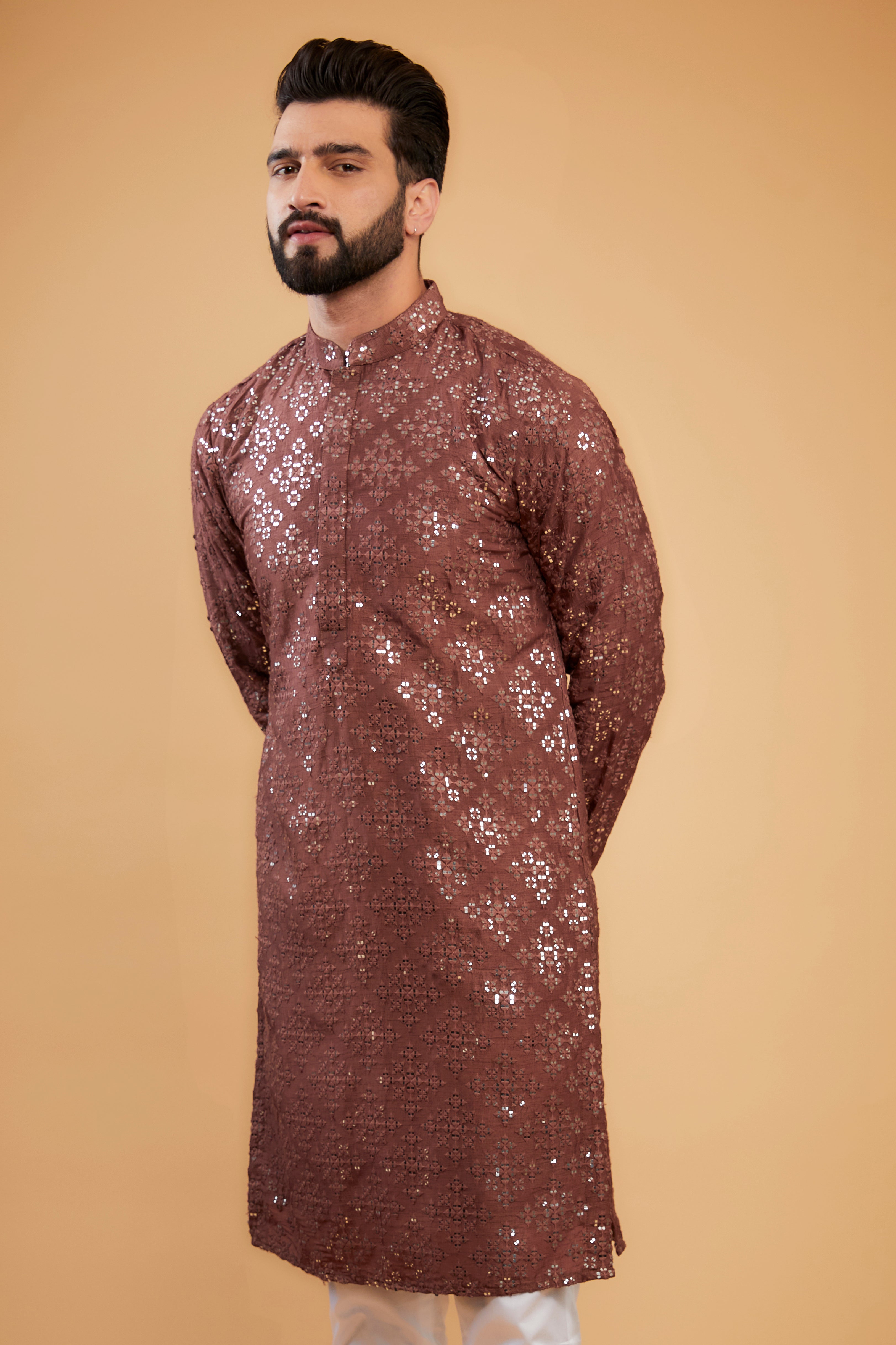 Mauve taupe classic mirror-work kurta - kasbahmen