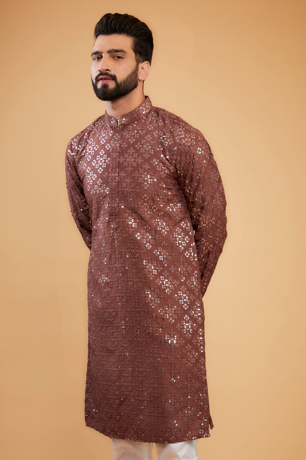 Mauve taupe classic mirror-work kurta