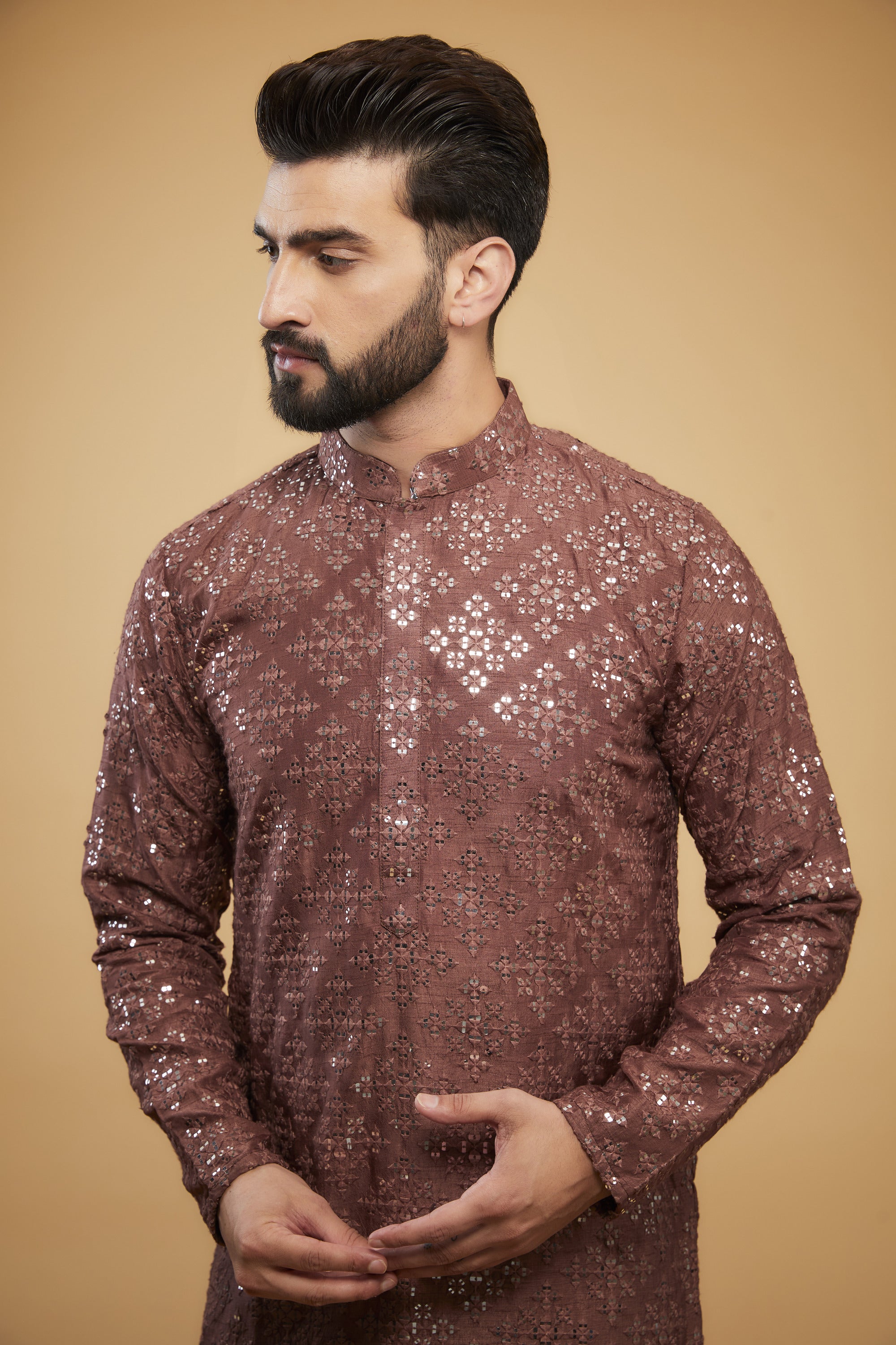 Mauve taupe classic mirror-work kurta - kasbahmen