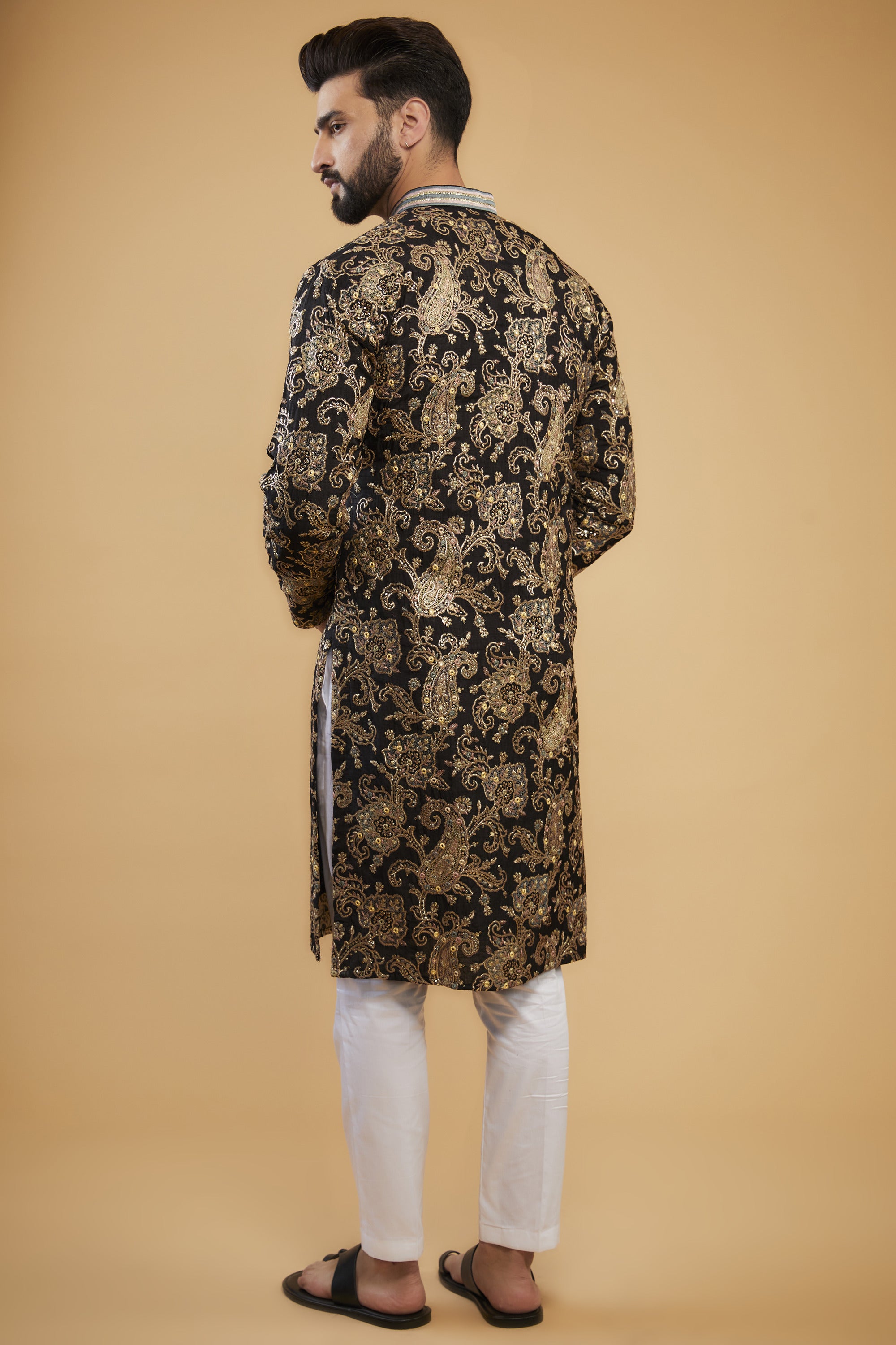 Black kashmiri heavy chikankari kurta with hand embroidered neckline. - kasbahmen