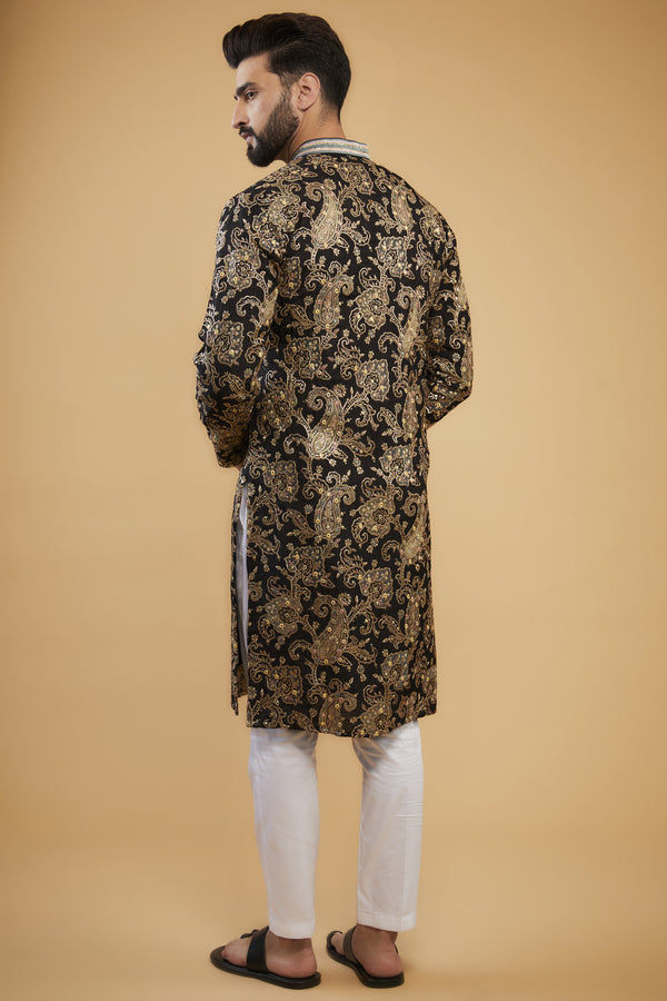 Black kashmiri heavy chikankari kurta with hand embroidered neckline. - kasbahmen